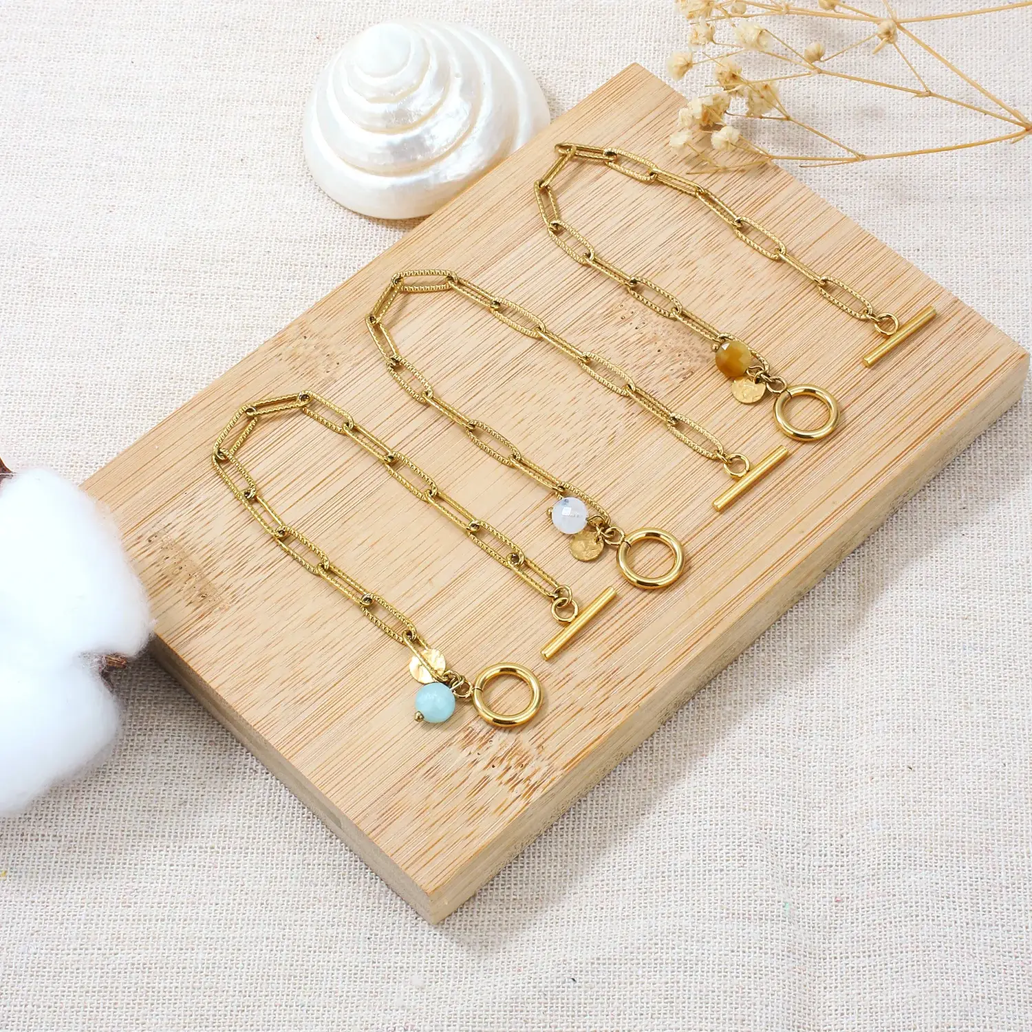 Square And Curved Pattern Chain With Round Stone Beads Stainless Steel Gold Plating OT Clasp Bracelet (8).webp