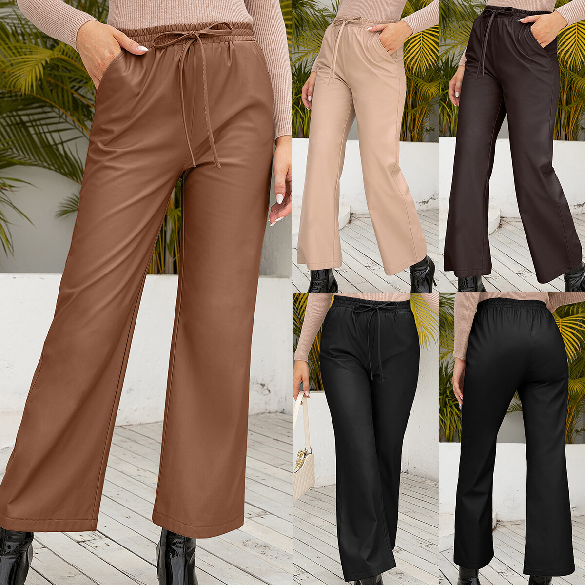 Fashion Drawstring Custom Solid Casual PU Women Pants