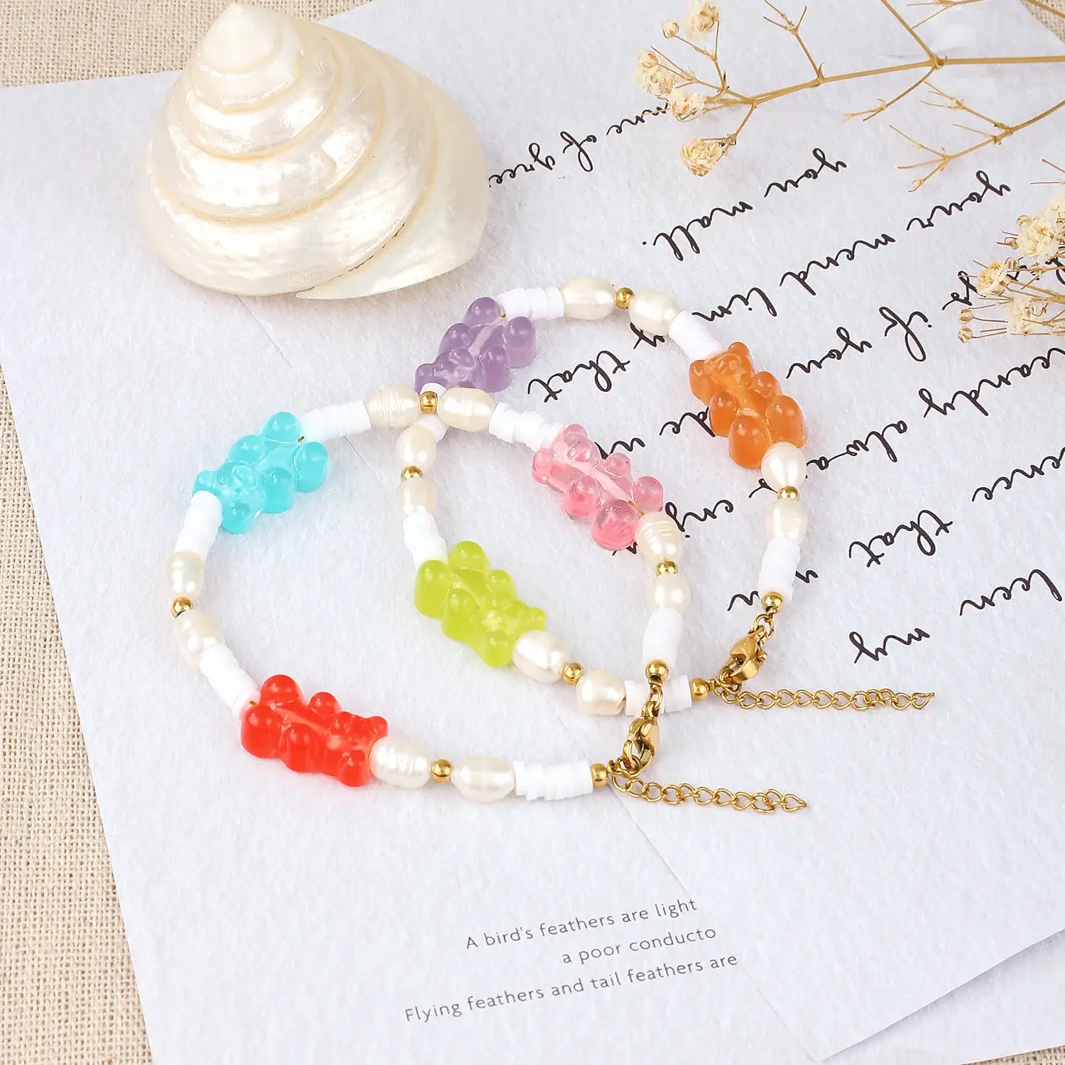 Preppy Style Stainless Steel Material cute Colourful Plastic Bear With Pearl Mushi Beads Lovely Bracelet尺寸 (2).webp