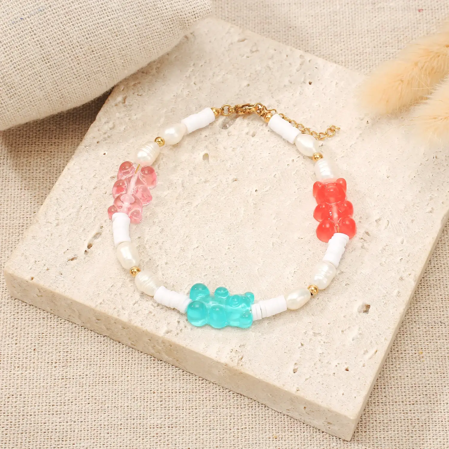 Preppy Style Stainless Steel Material cute Colourful Plastic Bear With Pearl Mushi Beads Lovely Bracelet尺寸 (4).webp