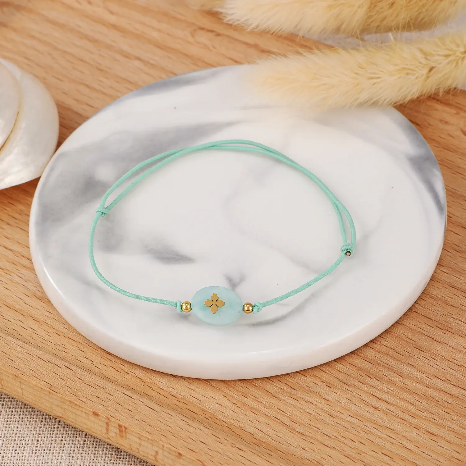 Preppy Style Stainless Steel Material Lovely Green Elastic Rope And Beads With Carved Flower Bracelet (5).webp