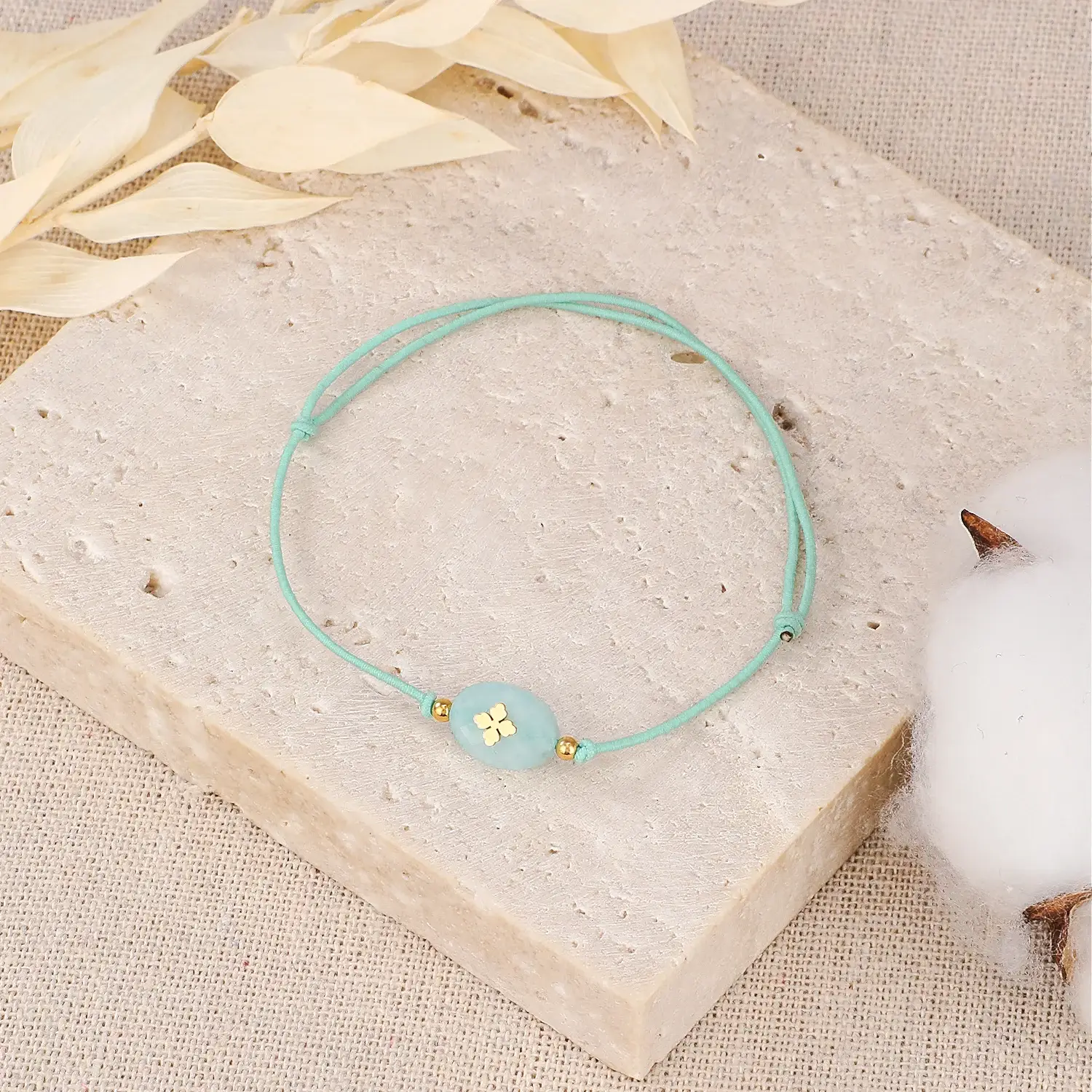 Preppy Style Stainless Steel Material Lovely Green Elastic Rope And Beads With Carved Flower Bracelet (2).webp