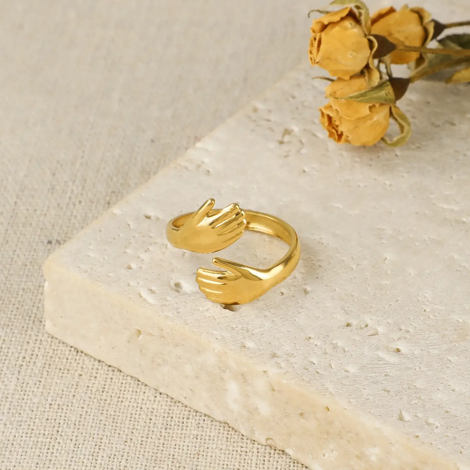 Love Forever Couple Love hug Ring Stainless Steel Gold Ring With Real Gold Plating Adjustable Ring  (1).webp