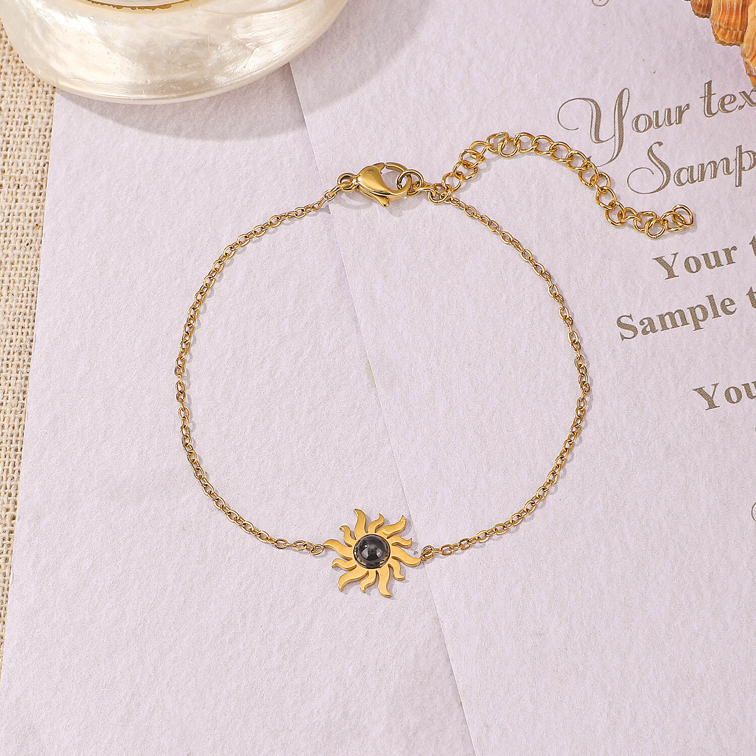 Burst Sun Shape with Sand Stone 316L Stainless Steel Gold Color Water Proof Simple Style Bracelet (4).jpg