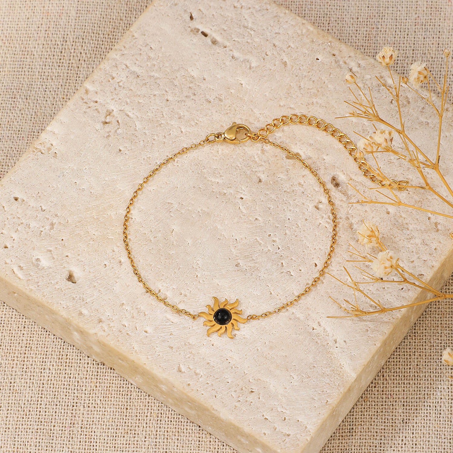 Burst Sun Shape with Sand Stone 316L Stainless Steel Gold Color Water Proof Simple Style Bracelet (1).jpg
