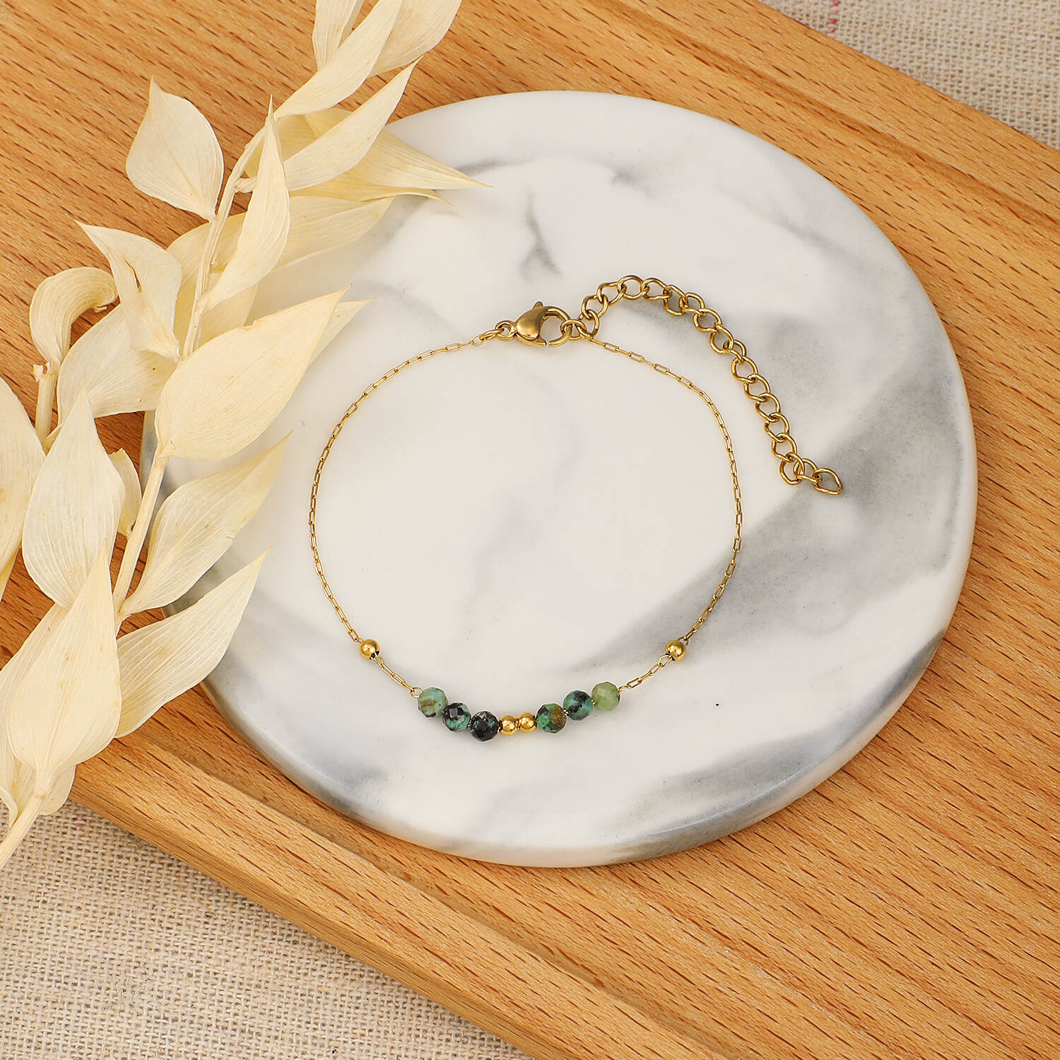 Facted African Turquoise Stone Beads Mixed with Golden Beads Stainless Steel Bracelet (4).jpg