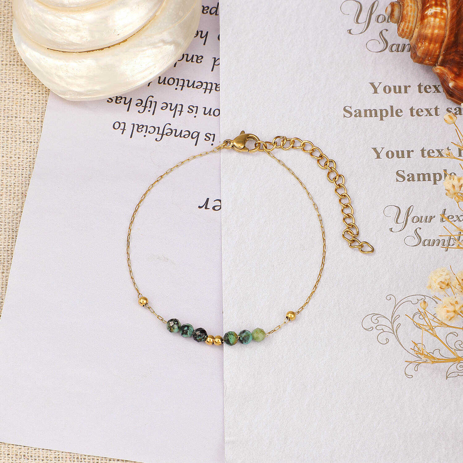 Facted African Turquoise Stone Beads Mixed with Golden Beads Stainless Steel Bracelet (2).jpg