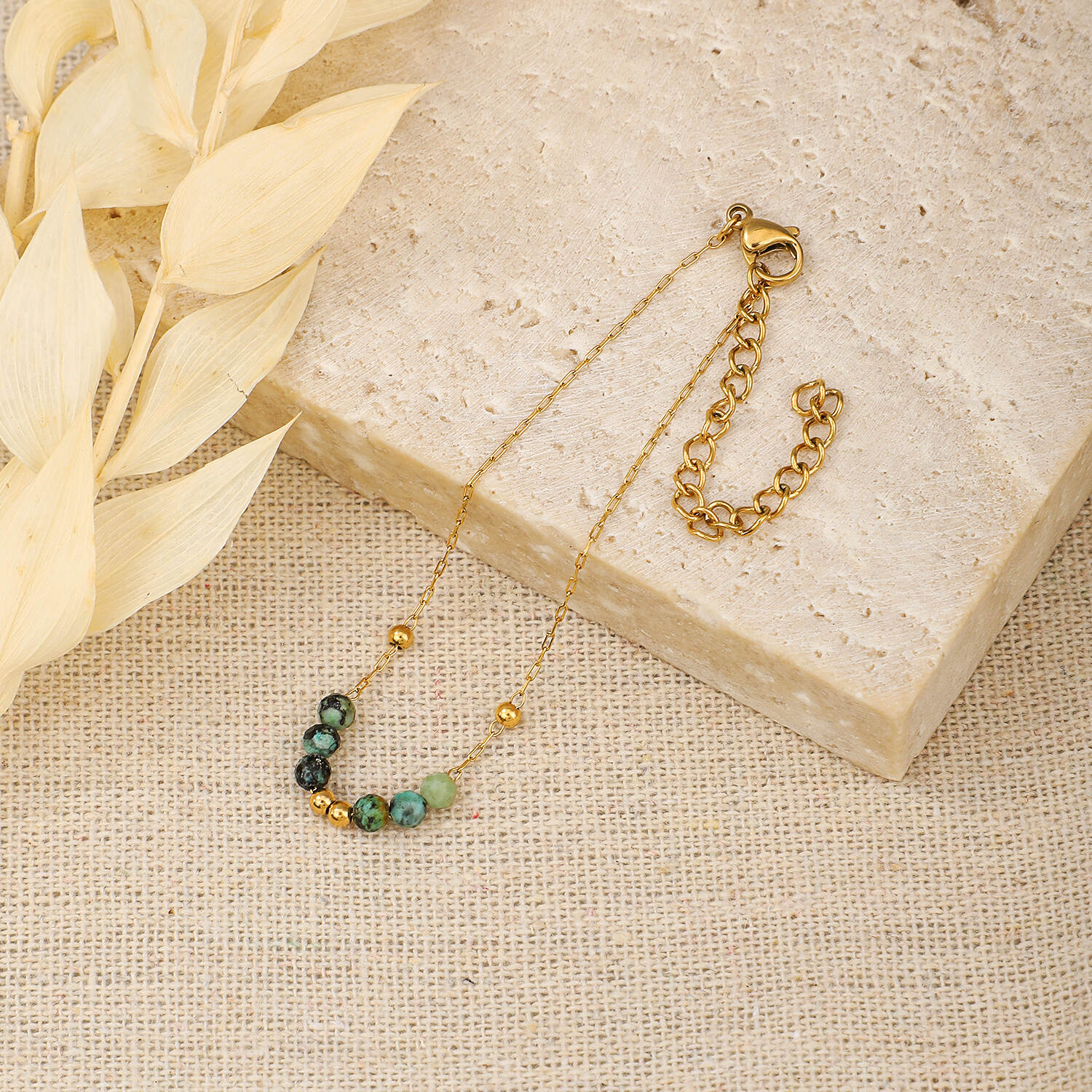 Facted African Turquoise Stone Beads Mixed with Golden Beads Stainless Steel Bracelet (3).jpg