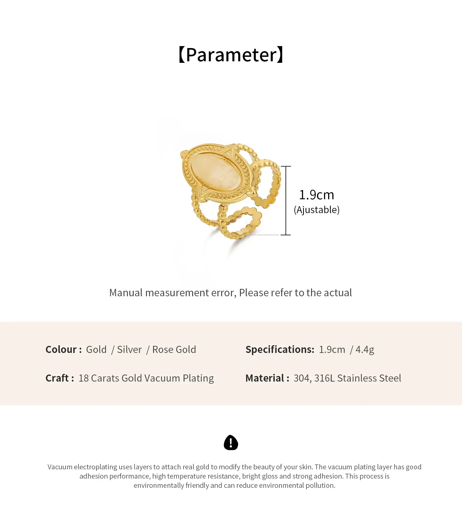 Oval Shape With Natural Stone setting Stainless Steel Gold color Adjusable  Ring   (6).webp