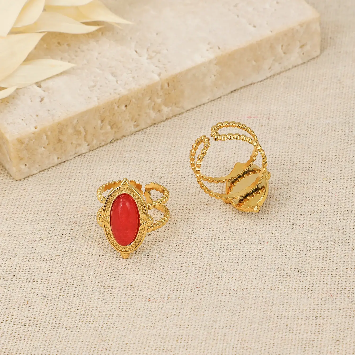 Oval Shape With Natural Stone setting Stainless Steel Gold color Adjusable  Ring   (2).webp