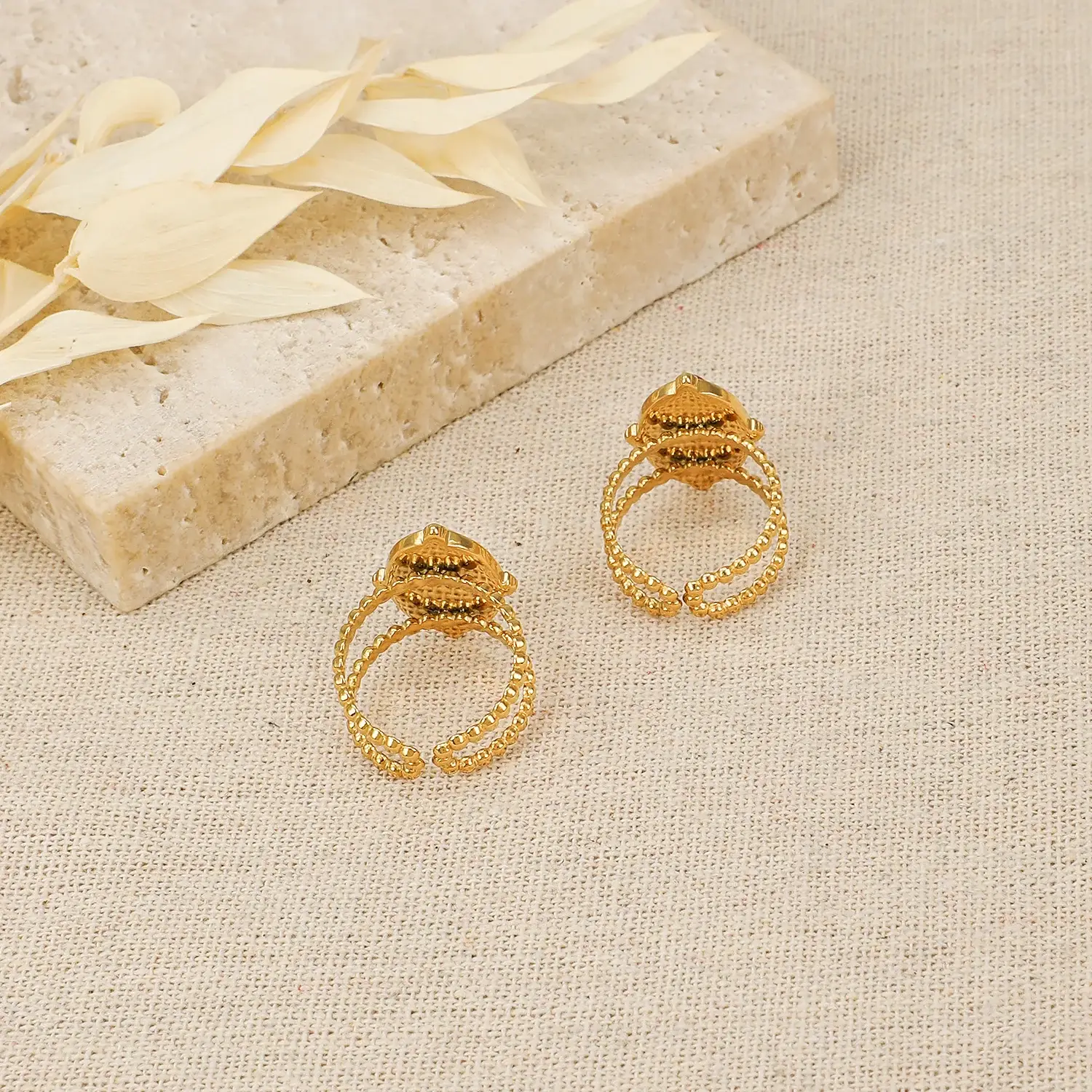 Oval Shape With Natural Stone setting Stainless Steel Gold color Adjusable  Ring   (3).webp