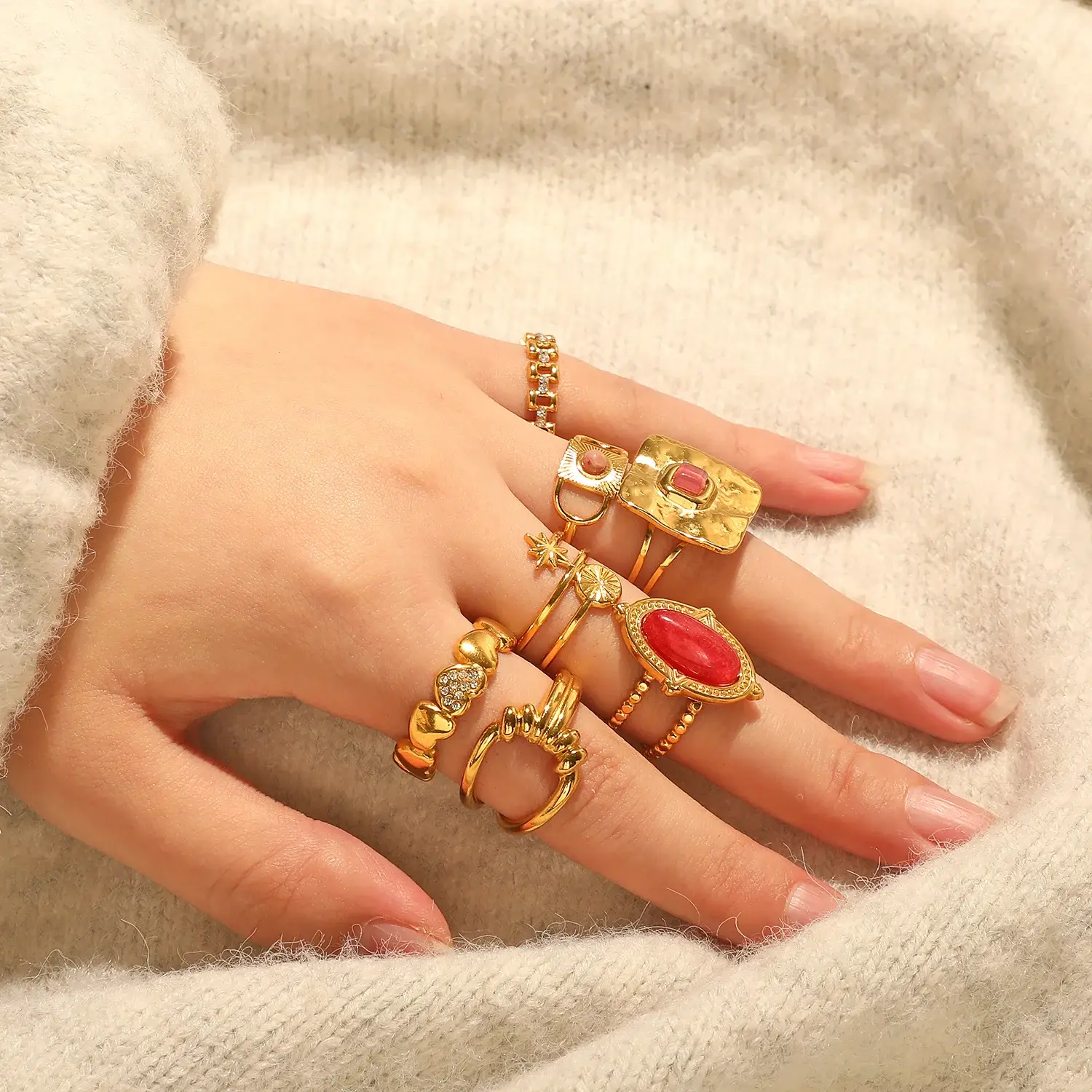 Oval Shape With Natural Stone setting Stainless Steel Gold color Adjusable  Ring   (7).webp