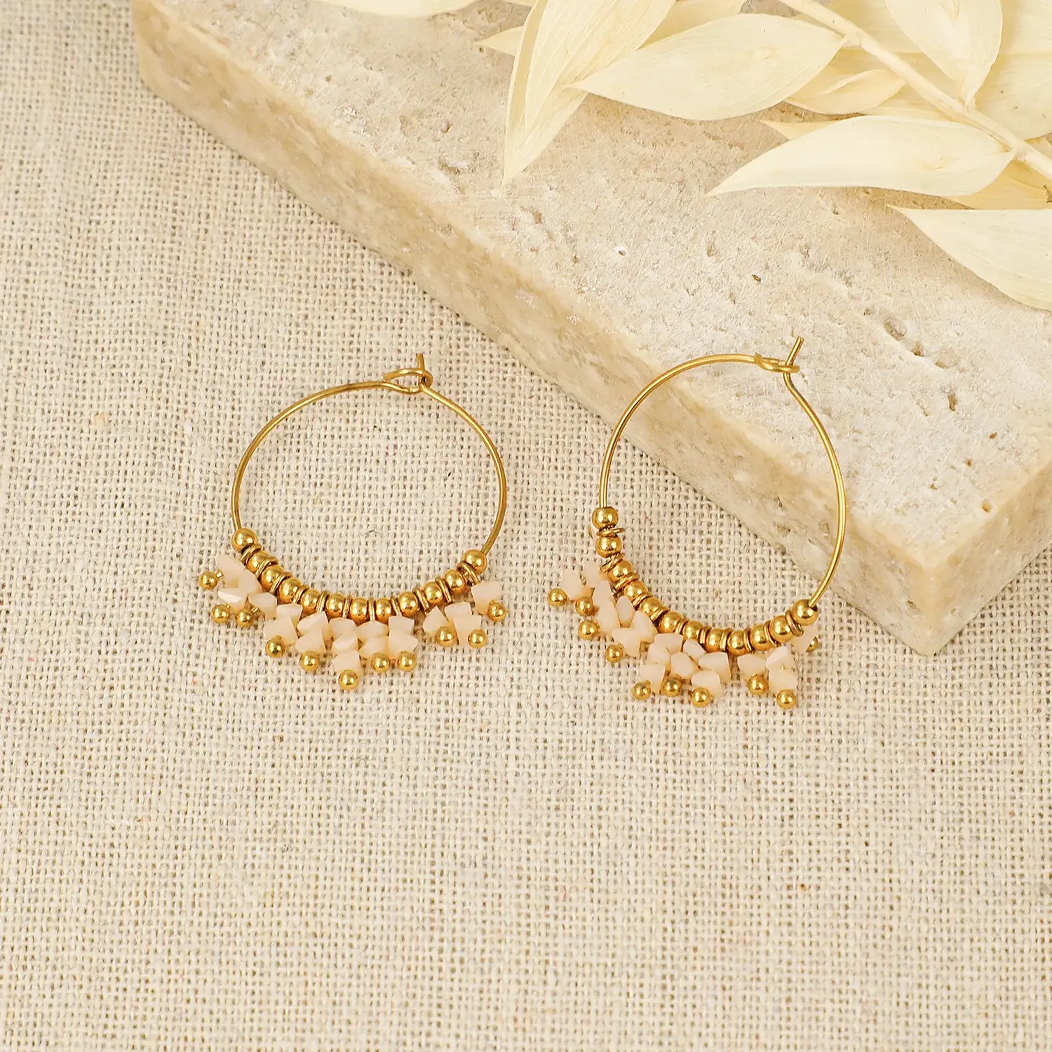 Boho Style Small Stone Beads Mixed With Gold Ball Beads Dangle Hoop Stainless Steel Earring  (6).webp