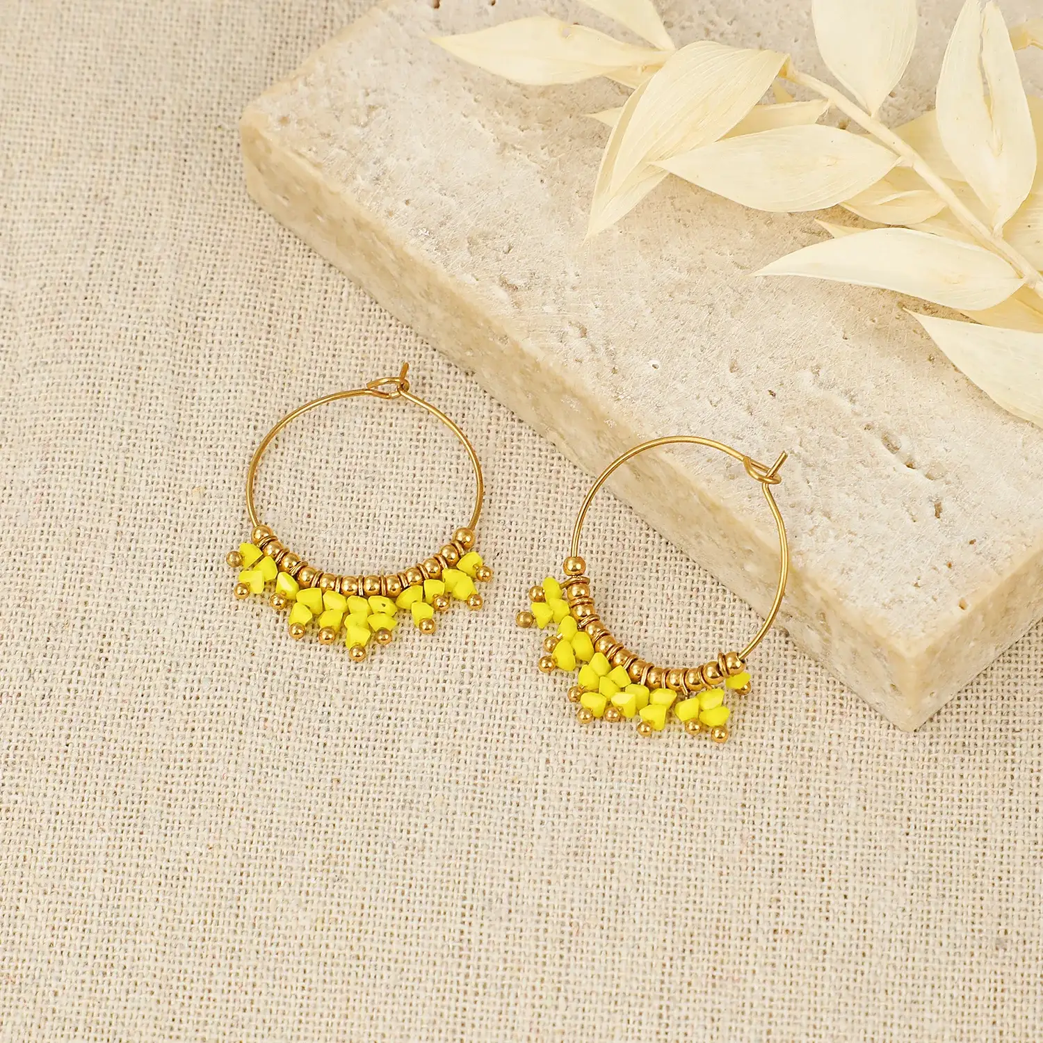 Boho Style Small Stone Beads Mixed With Gold Ball Beads Dangle Hoop Stainless Steel Earring  (3).webp