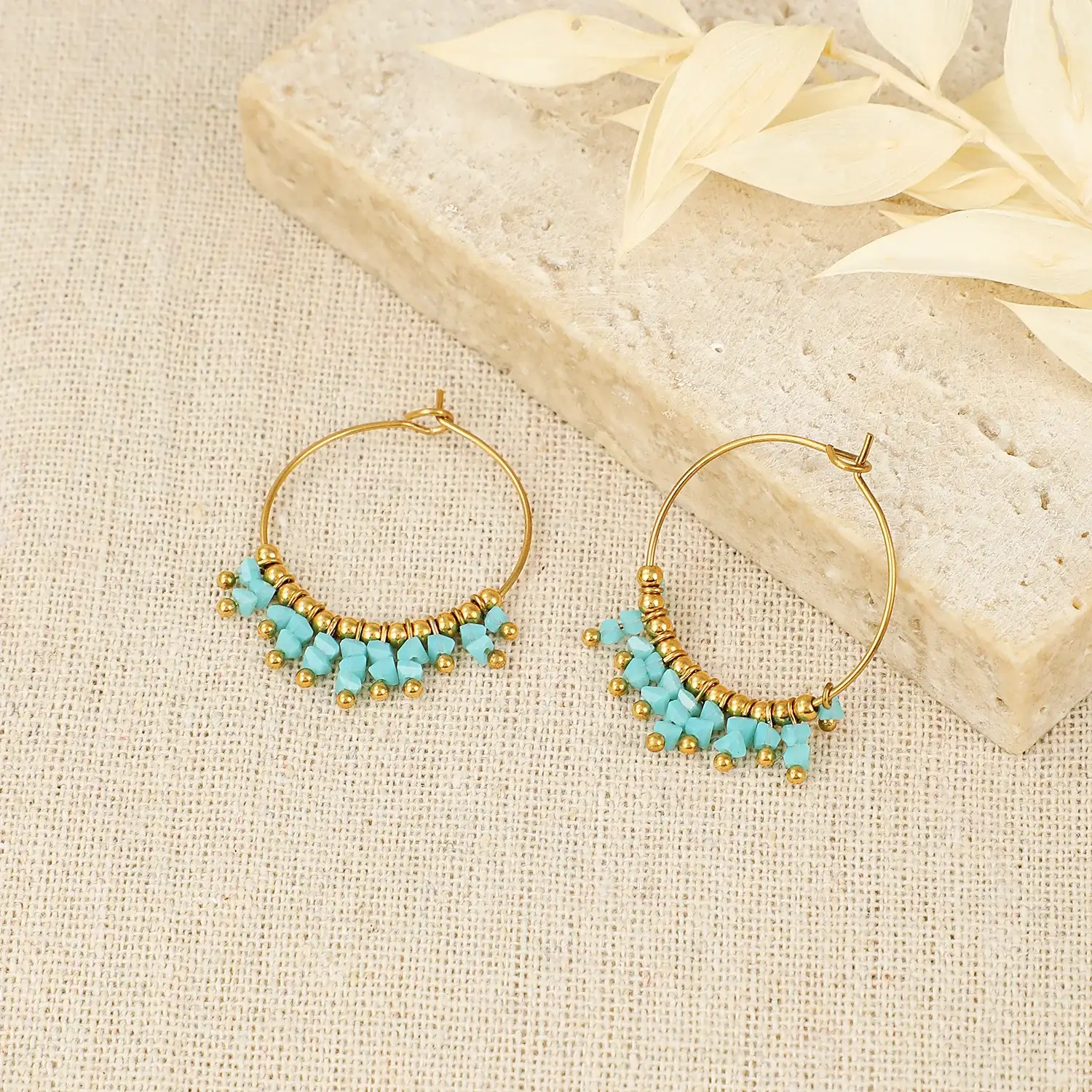 Boho Style Small Stone Beads Mixed With Gold Ball Beads Dangle Hoop Stainless Steel Earring  (4).webp