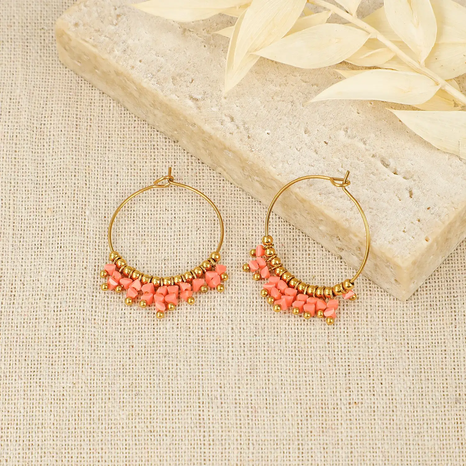 Boho Style Small Stone Beads Mixed With Gold Ball Beads Dangle Hoop Stainless Steel Earring  (5).webp