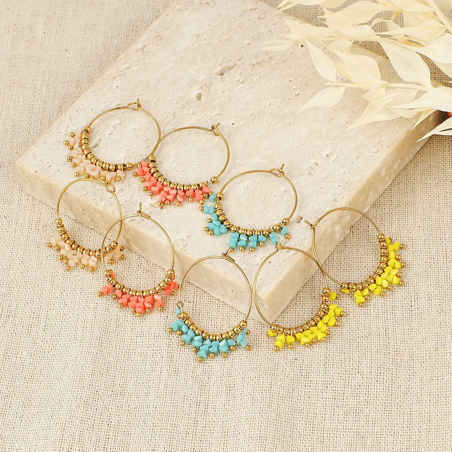 Boho Style Small Stone Beads Mixed With Gold Ball Beads Dangle Hoop Stainless Steel Earring  (1).webp