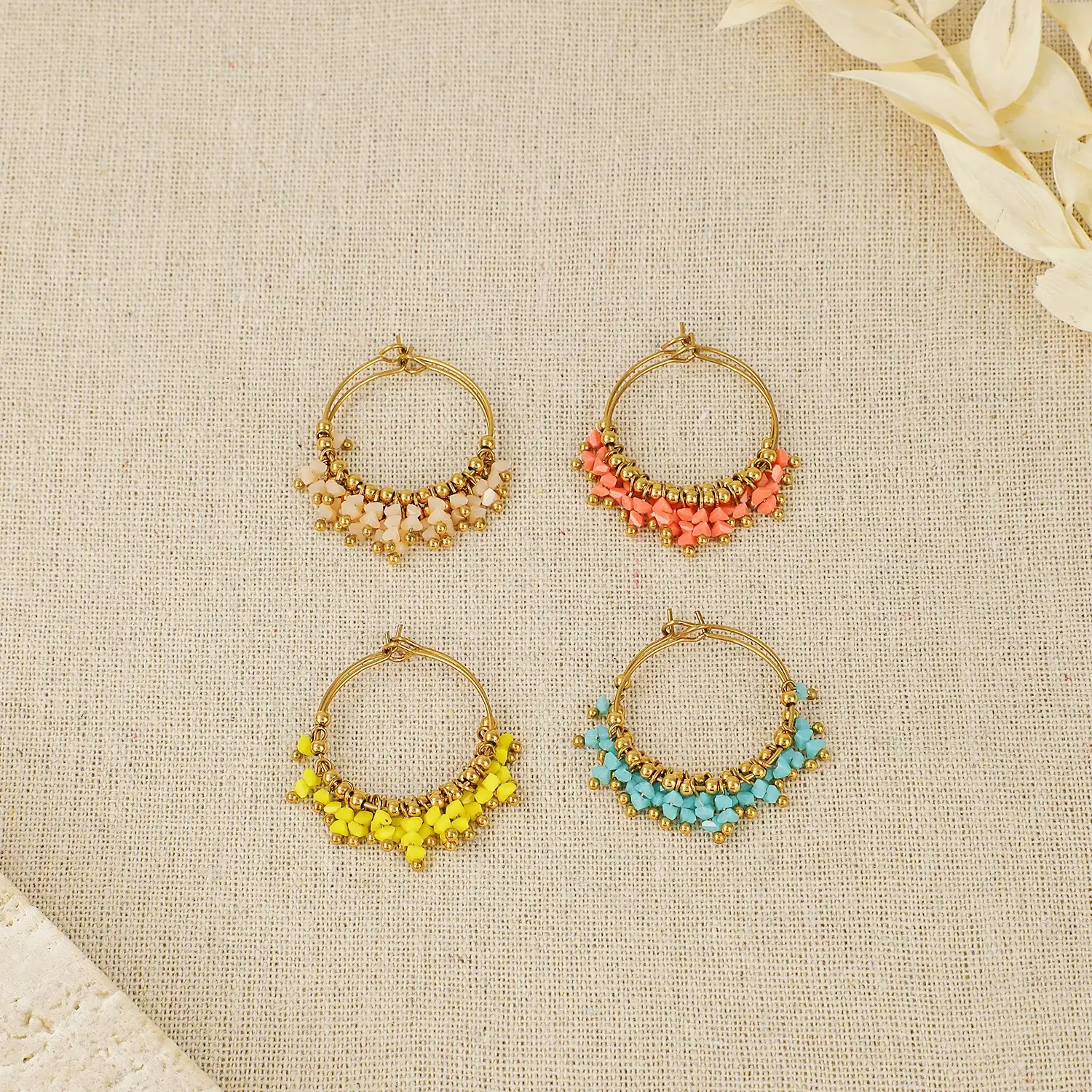 Boho Style Small Stone Beads Mixed With Gold Ball Beads Dangle Hoop Stainless Steel Earring  (2).webp