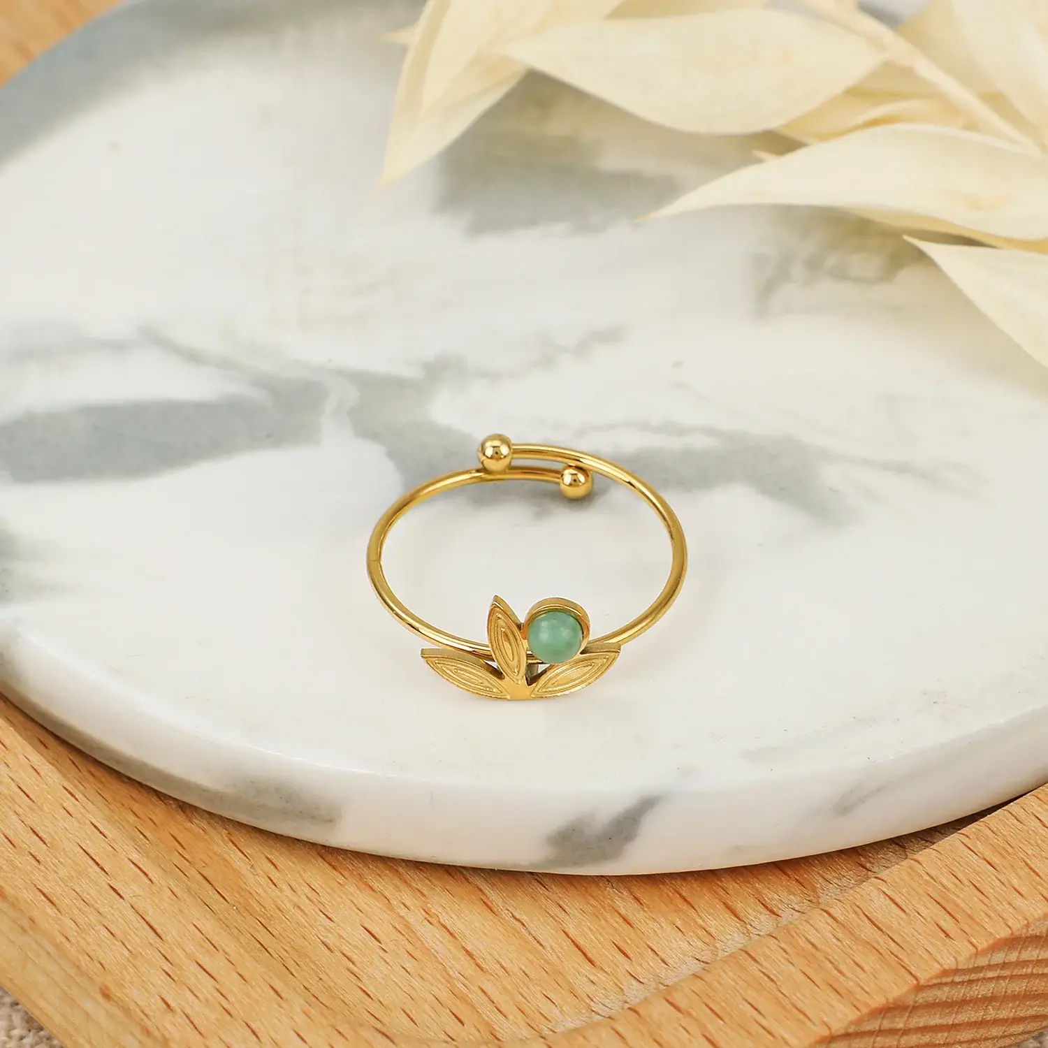 Delicate Leaf Shape Setting with Green Aventurine Stone Beads Stainless Steel Adjustable Ring (2).webp
