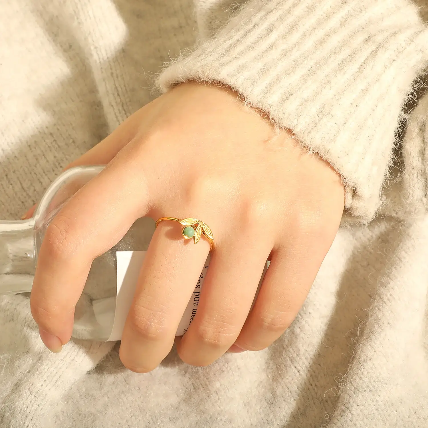 Delicate Leaf Shape Setting with Green Aventurine Stone Beads Stainless Steel Adjustable Ring.webp