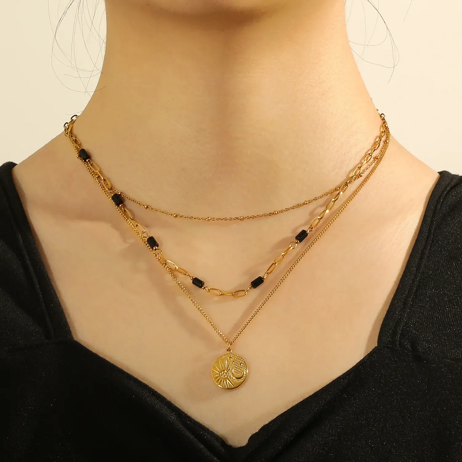 Moon And Star Round Pendant 3 Layers Cunky Mixed with Thin Chain  3 Layers Stainless Steel Necklace  (1).webp