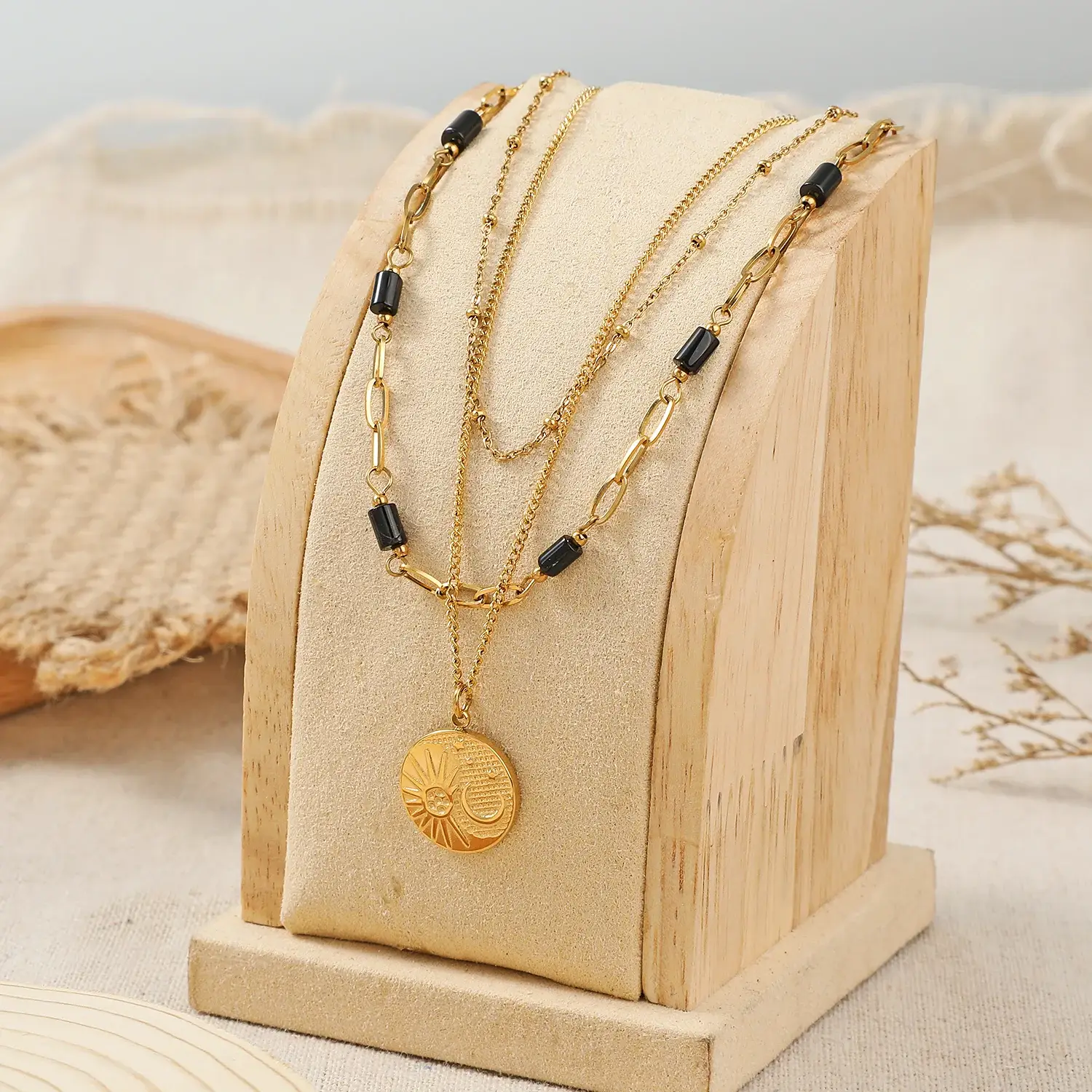 Moon And Star Round Pendant 3 Layers Cunky Mixed with Thin Chain  3 Layers Stainless Steel Necklace  (2).webp