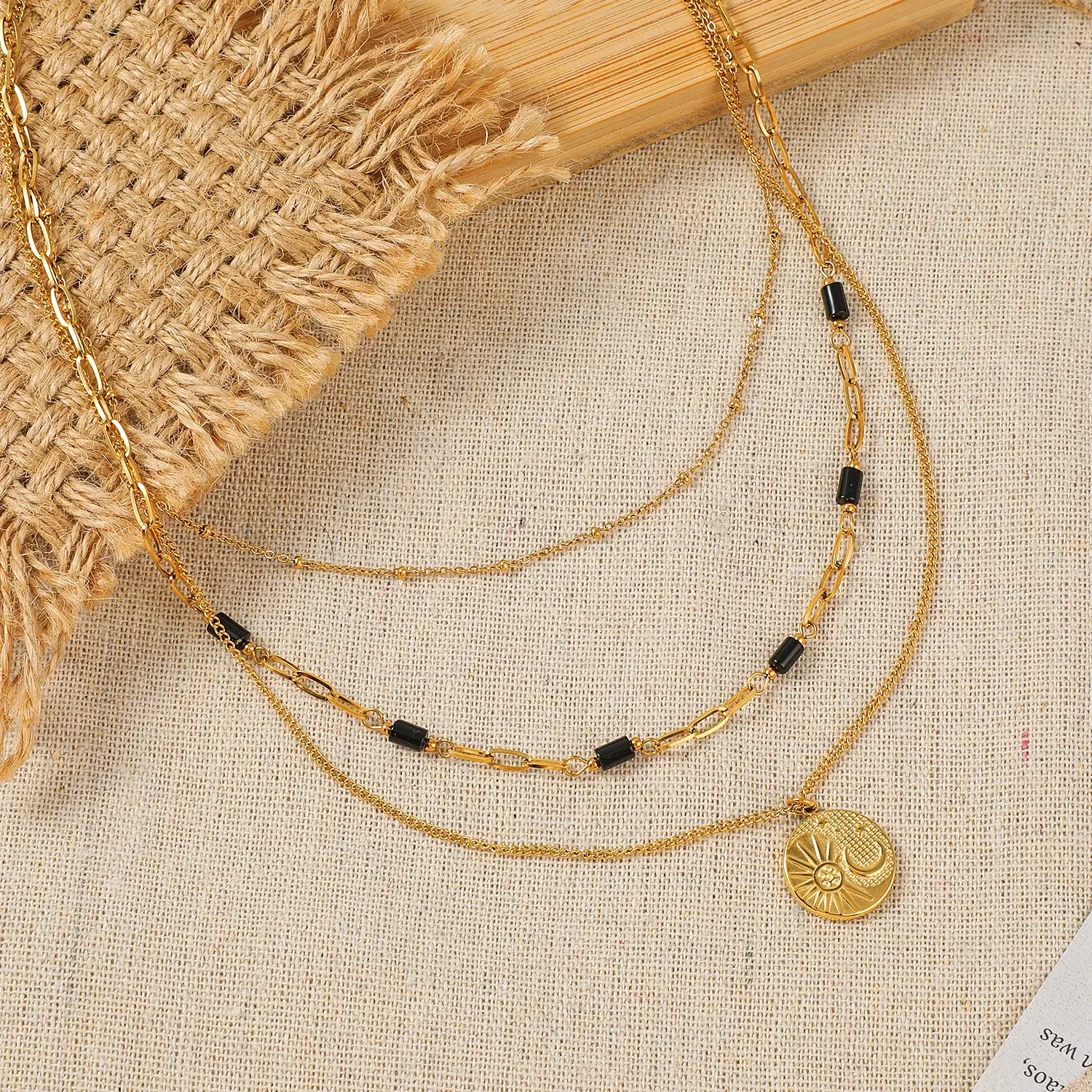 Moon And Star Round Pendant 3 Layers Cunky Mixed with Thin Chain  3 Layers Stainless Steel Necklace  (4).webp