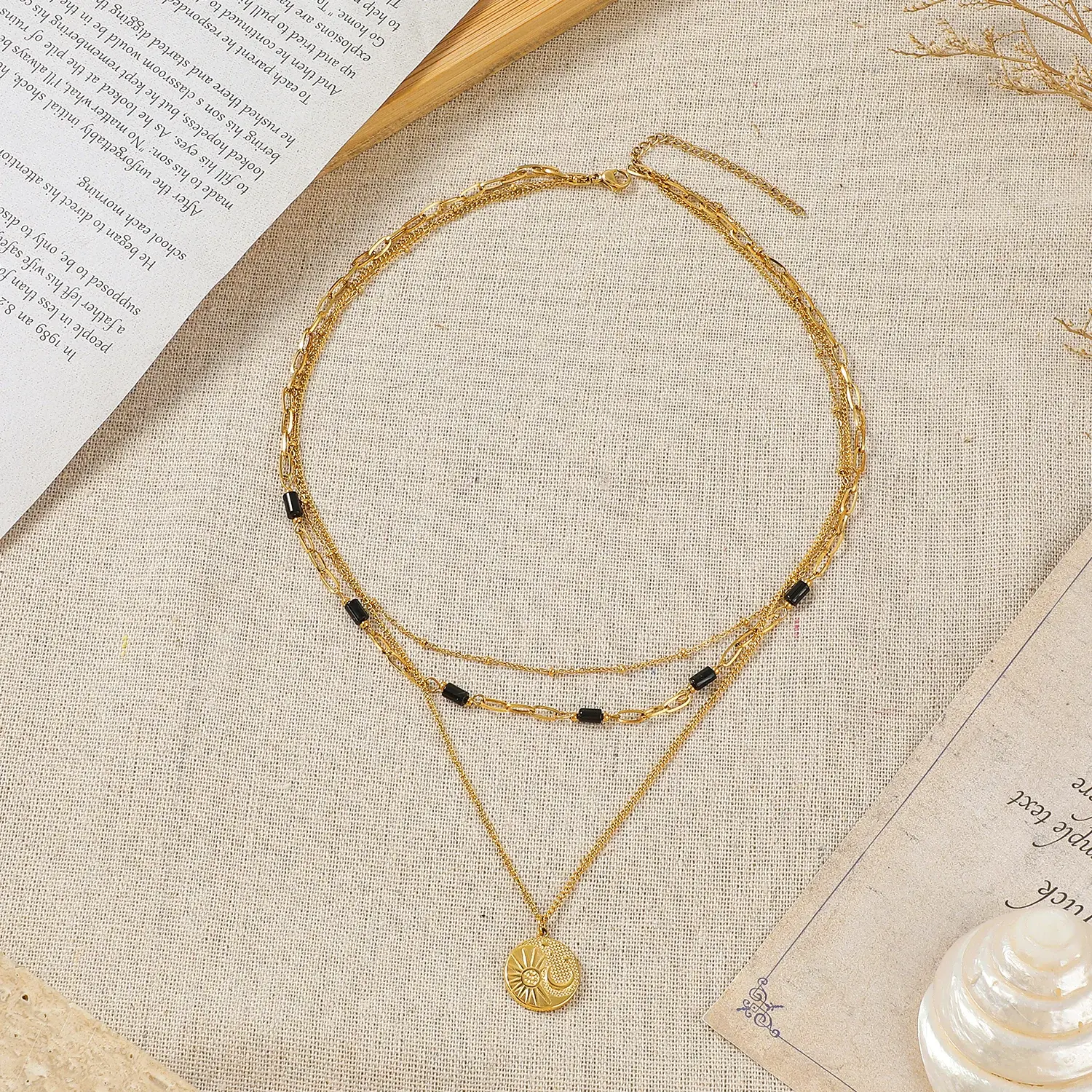 Moon And Star Round Pendant 3 Layers Cunky Mixed with Thin Chain  3 Layers Stainless Steel Necklace  (3).webp
