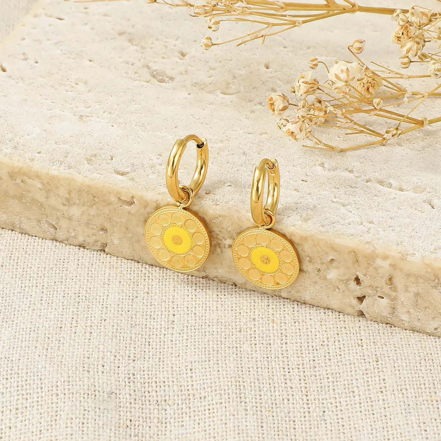 Round Plate With Circle Embossed And Color Enamel Stainless Steel Hoop Earring (2).webp