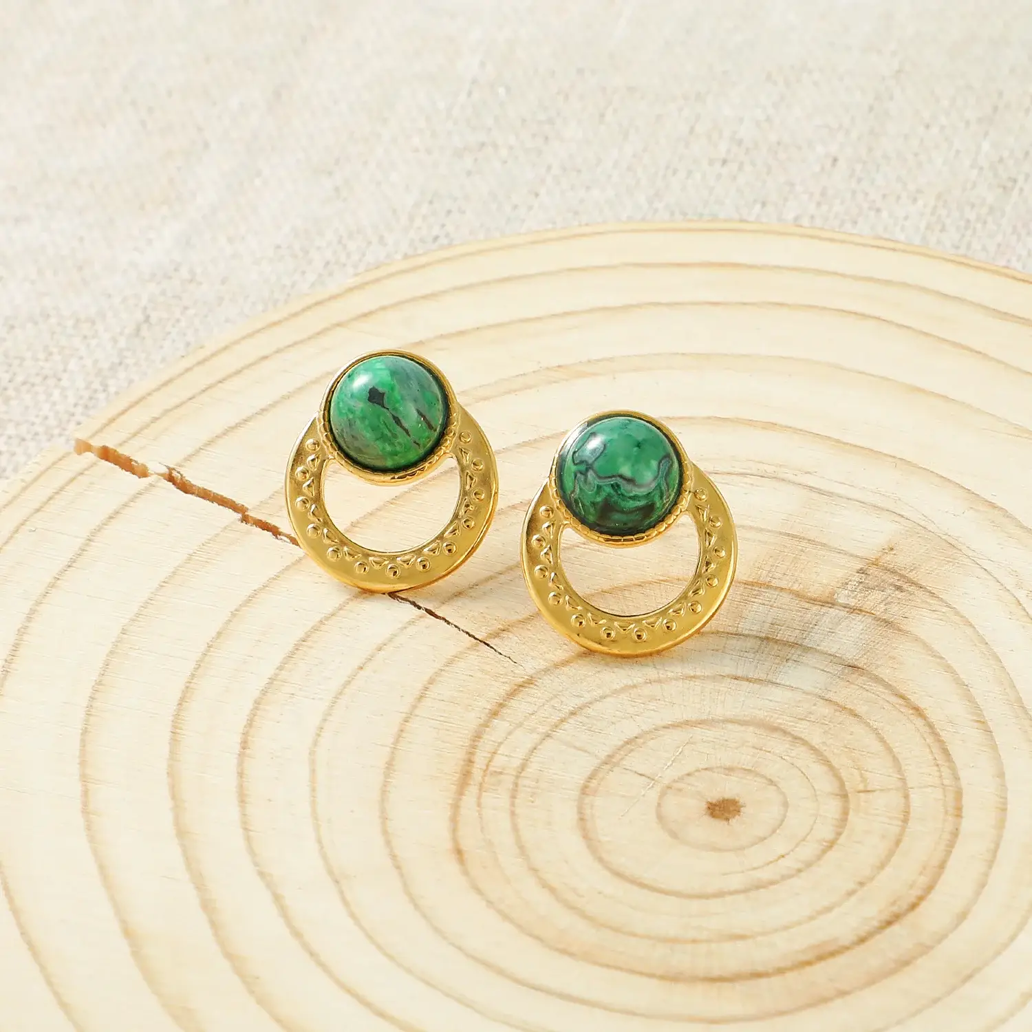 French Style Circles with African Pine Stone Setting Stainless Steel Stud (2).webp