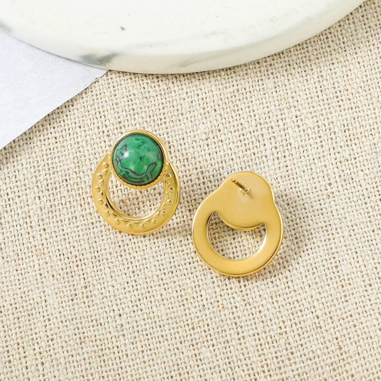 French Style Circles with African Pine Stone Setting Stainless Steel Stud (4).webp