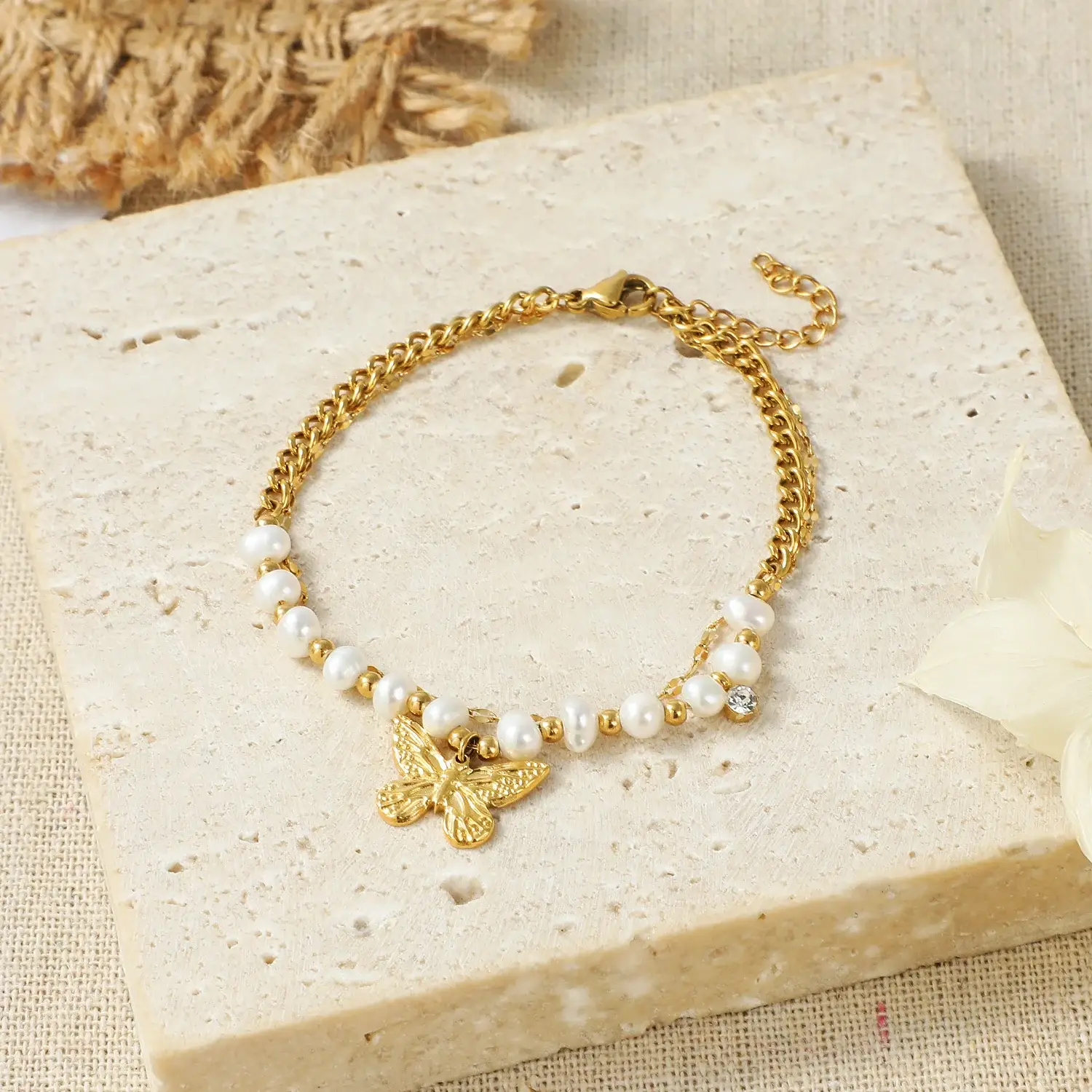 2 Layers Chain Fresh Water Pearl beads Mixed with Gold Beads Butterfly Pendant Stainless Steel Bracelet (2).webp