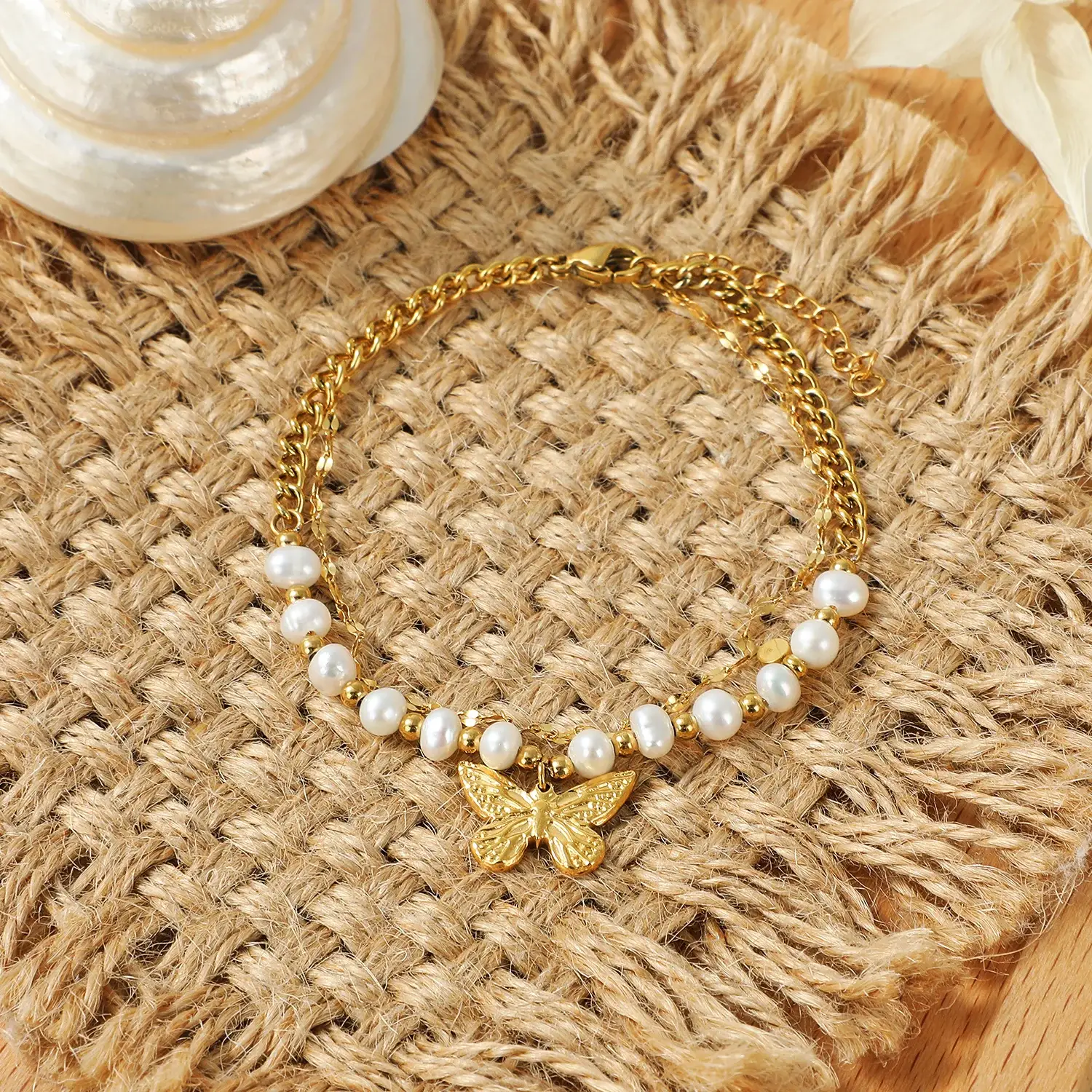 2 Layers Chain Fresh Water Pearl beads Mixed with Gold Beads Butterfly Pendant Stainless Steel Bracelet (3).webp
