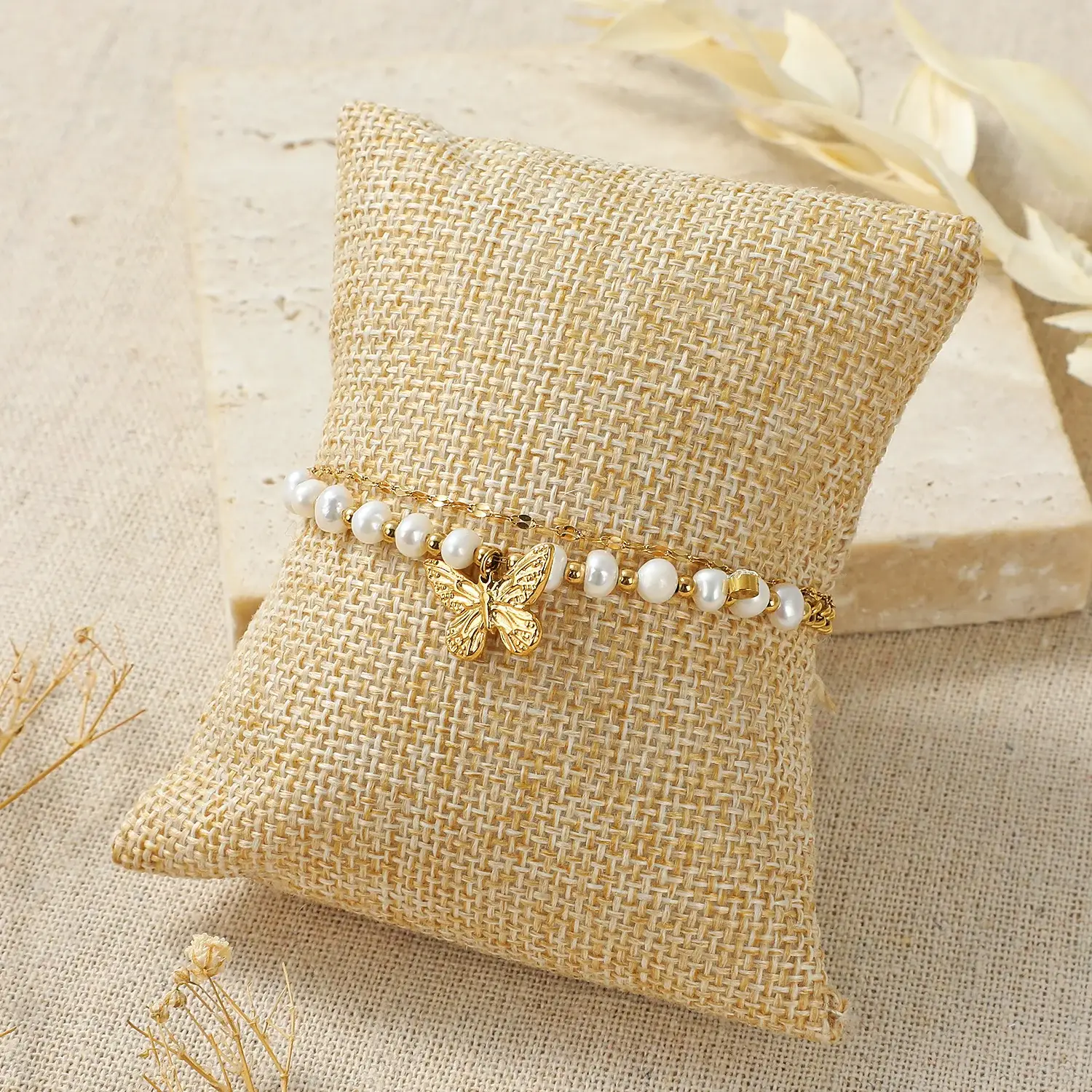 2 Layers Chain Fresh Water Pearl beads Mixed with Gold Beads Butterfly Pendant Stainless Steel Bracelet (4).webp