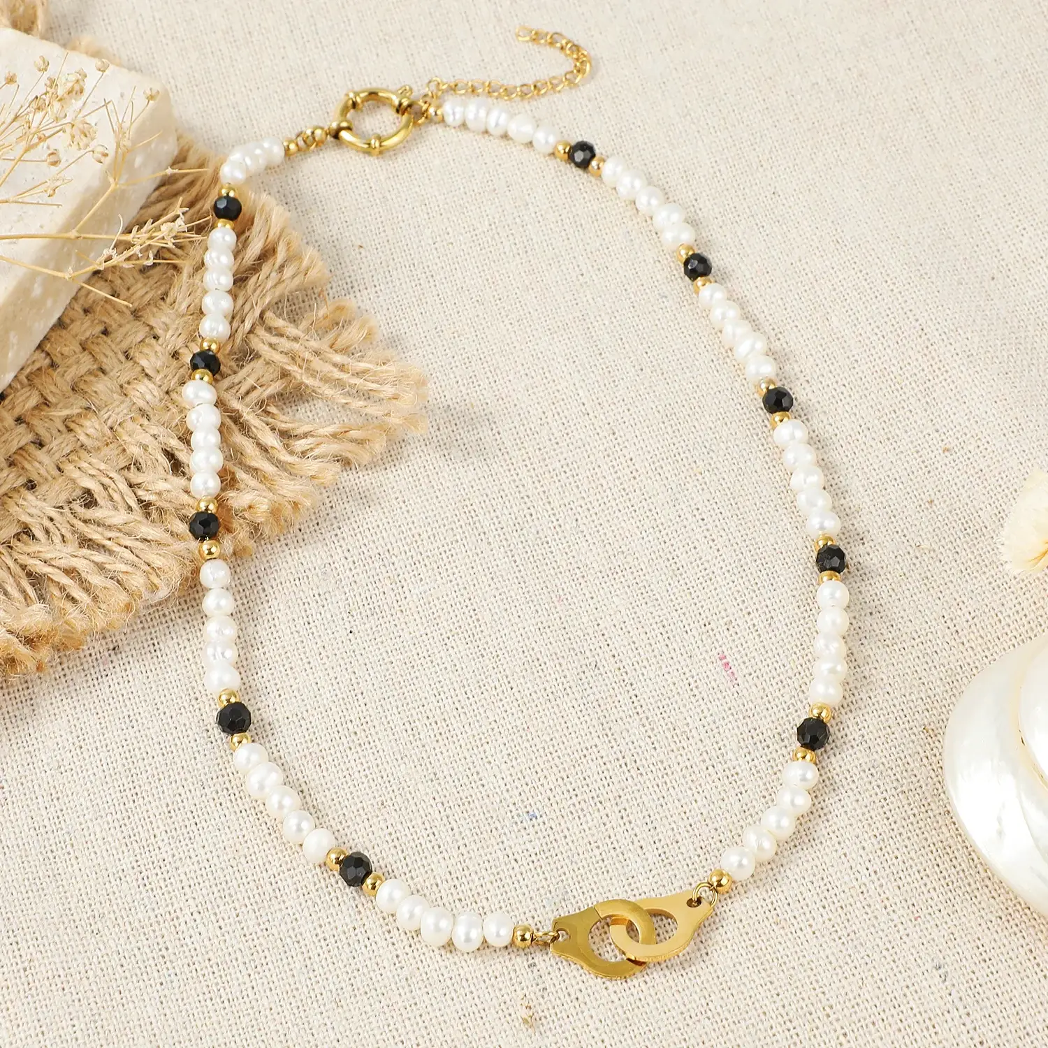 Lock your Heart Natural Pearl Beads mixed with Black Jade Beads Stainless Steel handcuffs Pendant Necklace (2)(1).webp