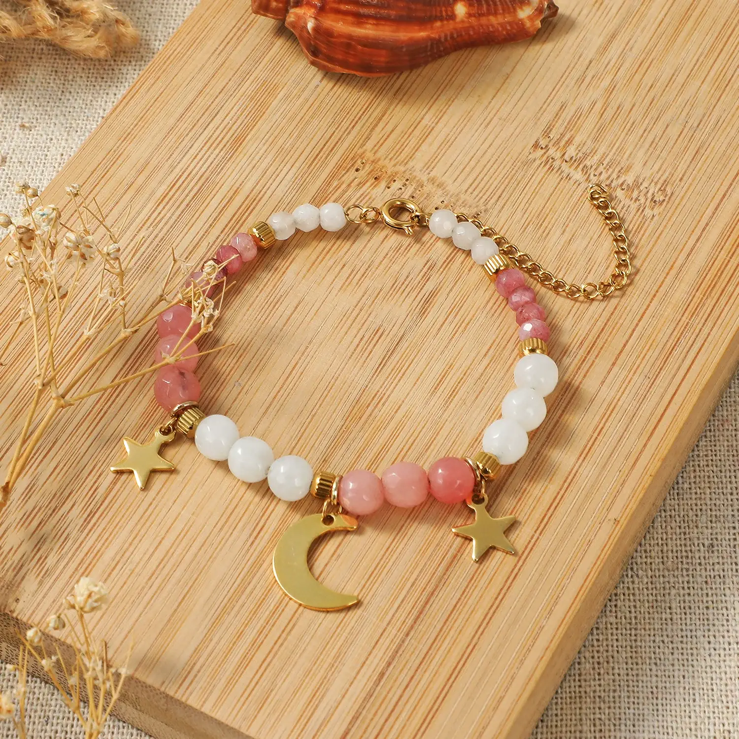 Moon And Star Natural Stone Beads Chic Style Stainless Steel Bracelet (3).webp