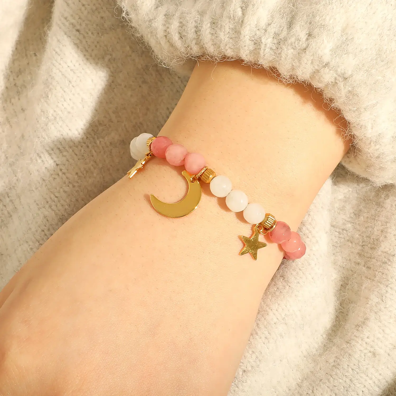 Moon And Star Natural Stone Beads Chic Style Stainless Steel Bracelet.webp