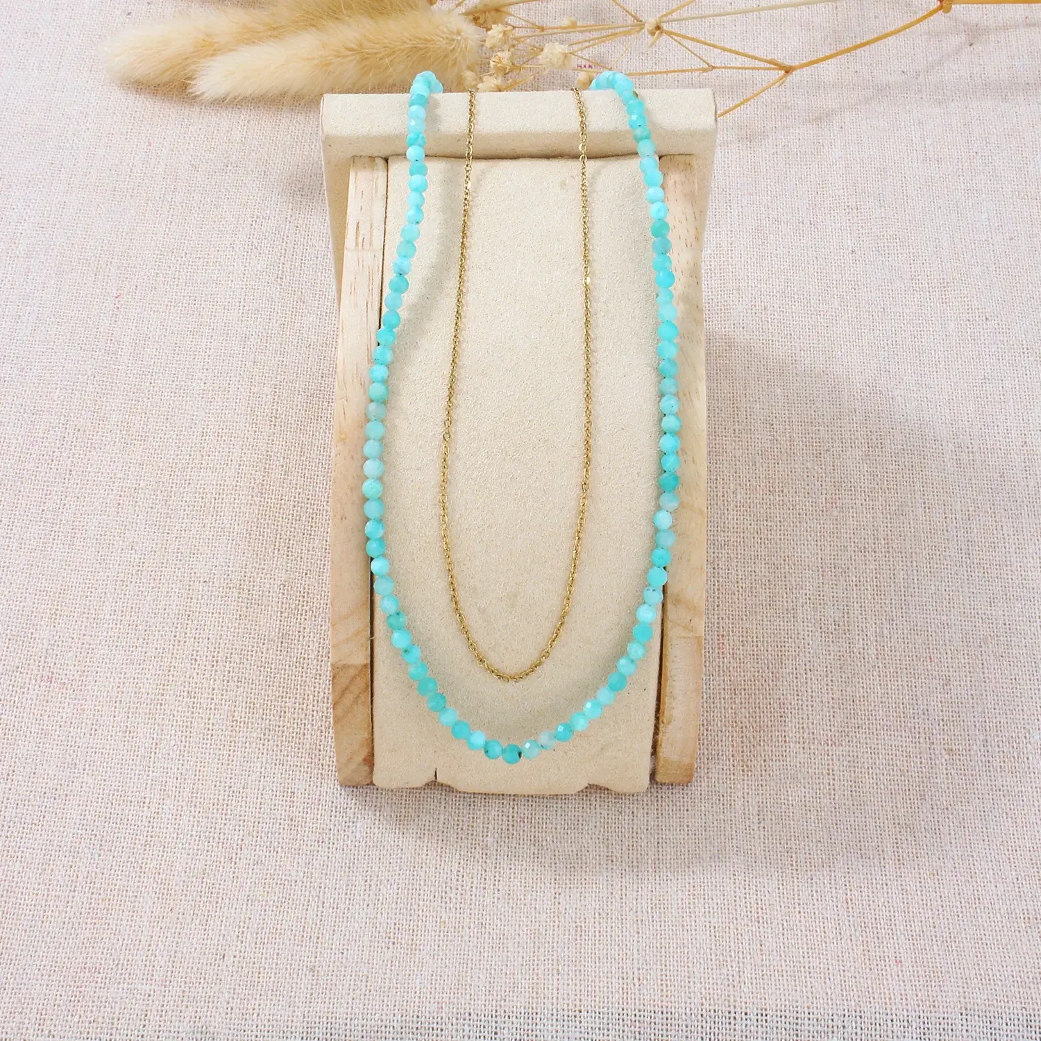 2 layers Amazontine blue stone beads With Stainless Steel Chain Handmade Necklace (2).webp