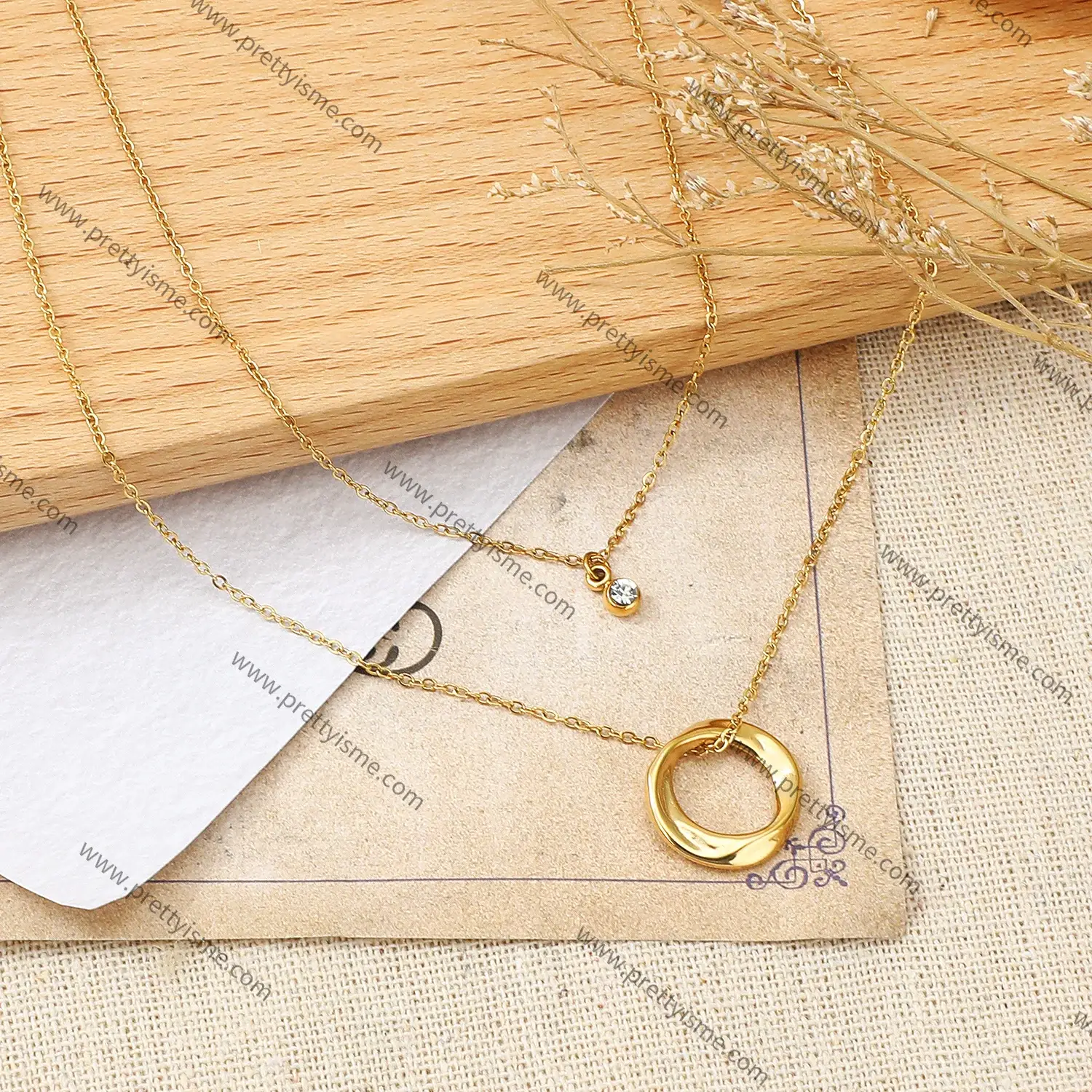 Pretty is me Collection 18K Gold Plated Stainless Steel  Double Chain Necklace Moss Ubi Ring Pendant With Zircon Necklace (4).webp