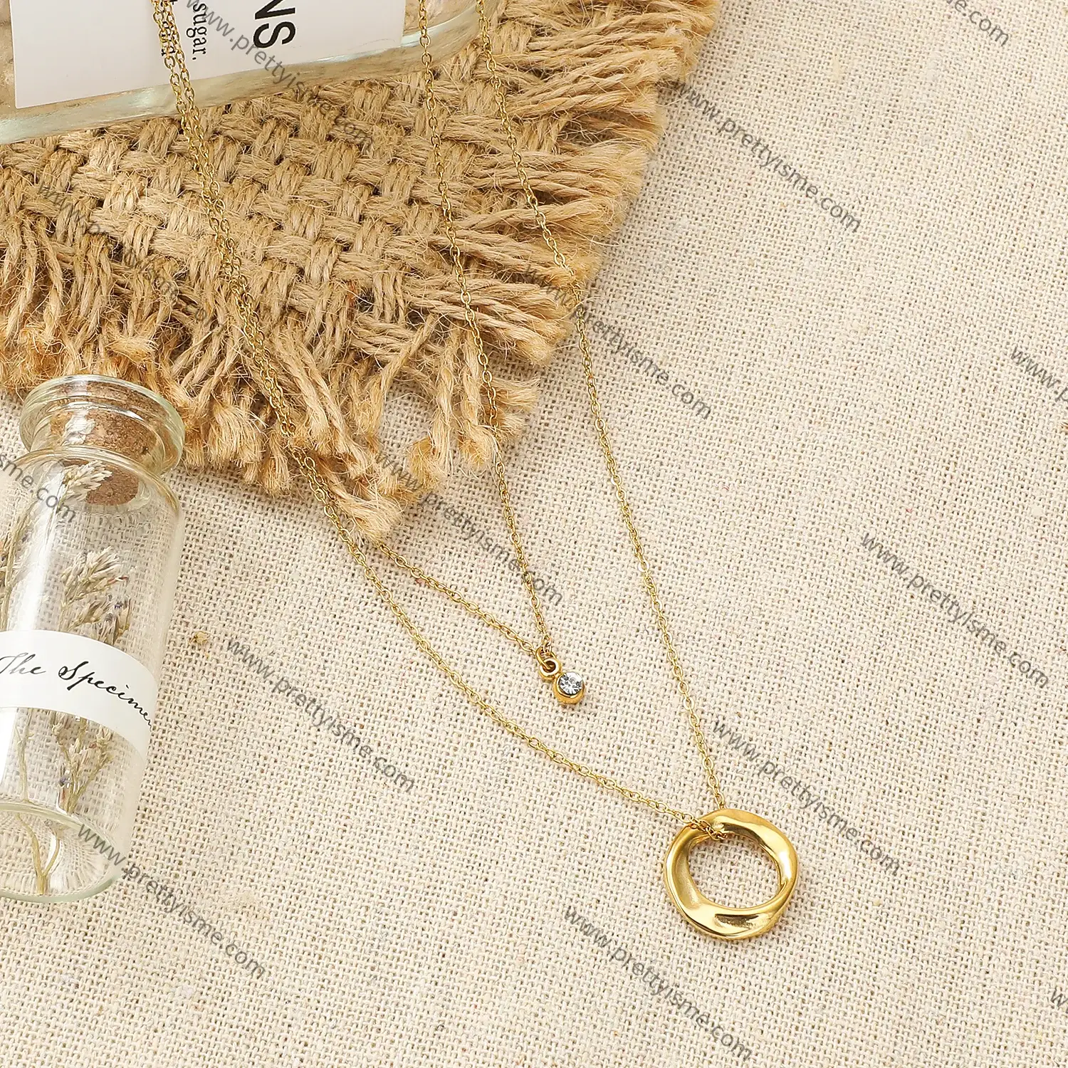 Pretty is me Collection 18K Gold Plated Stainless Steel  Double Chain Necklace Moss Ubi Ring Pendant With Zircon Necklace (2).webp