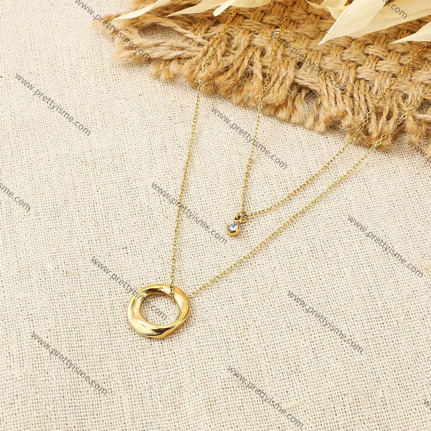 Pretty is me Collection 18K Gold Plated Stainless Steel  Double Chain Necklace Moss Ubi Ring Pendant With Zircon Necklace (3).webp