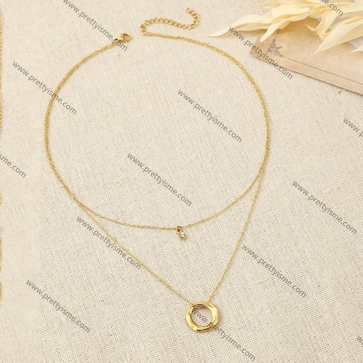 Pretty is me Collection 18K Gold Plated Stainless Steel  Double Chain Necklace Moss Ubi Ring Pendant With Zircon Necklace.webp