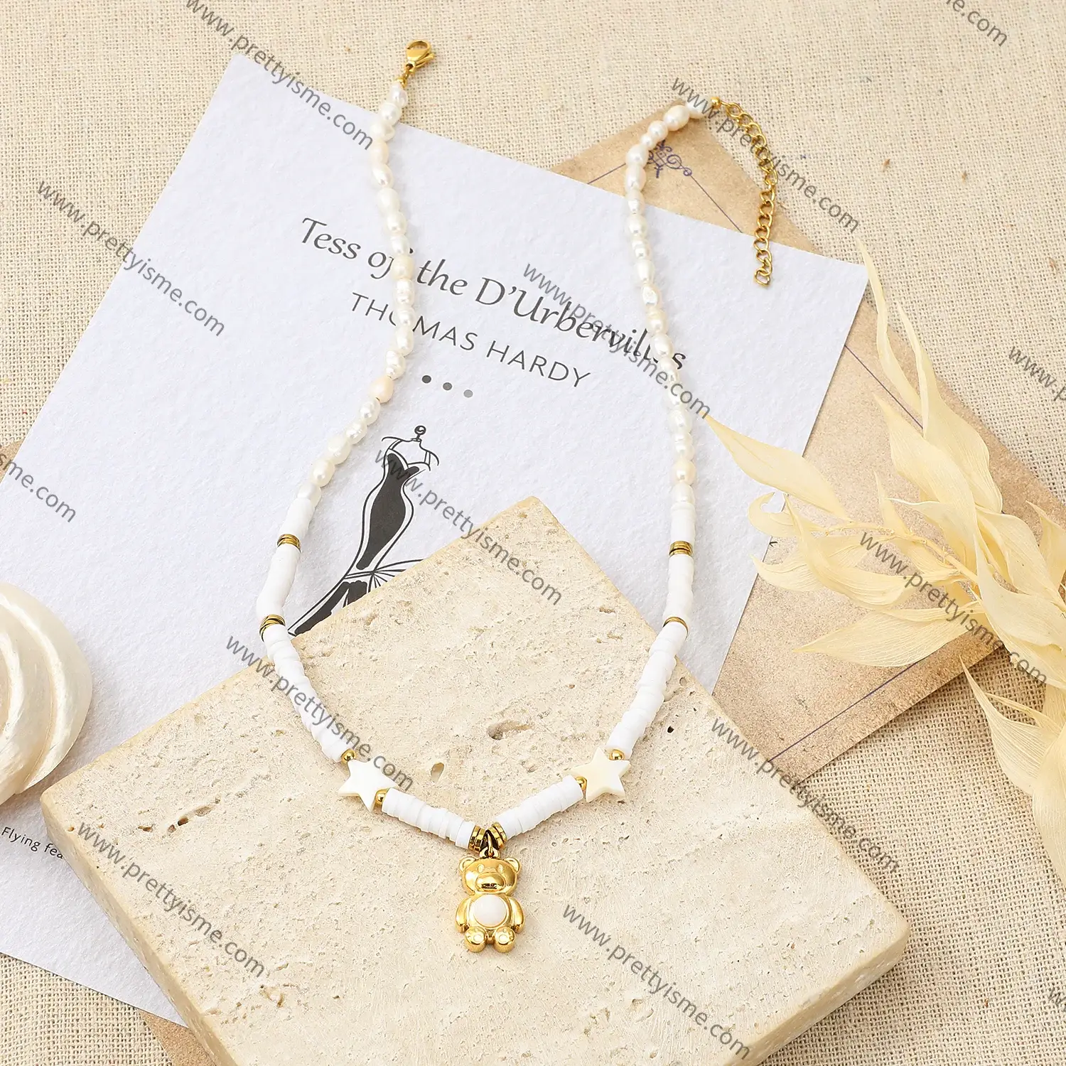 Pretty is me Collection 18K Gold Plated Stainless Steel Necklace With Shell Bear French Style Designer Pearl Chain Necklace (4).webp