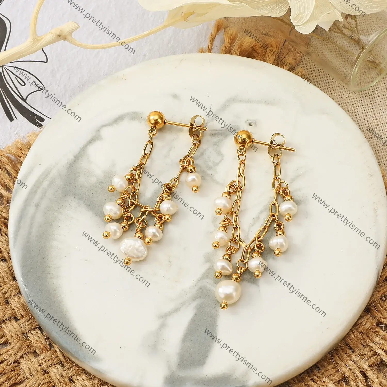 Pretty is me Collection 18K Gold Plated Stainless Steel Jewelry New Trendy Ear Ring Pearl Chain Earrings (3).webp