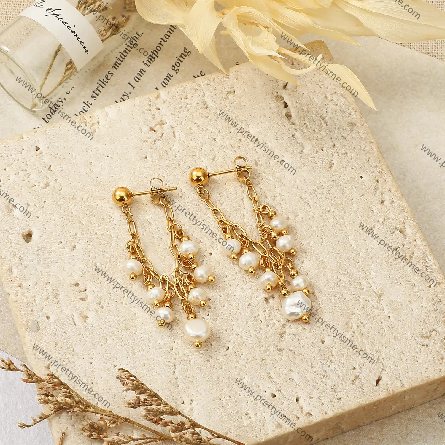 Pretty is me Collection 18K Gold Plated Stainless Steel Jewelry New Trendy Ear Ring Pearl Chain Earrings (2).webp