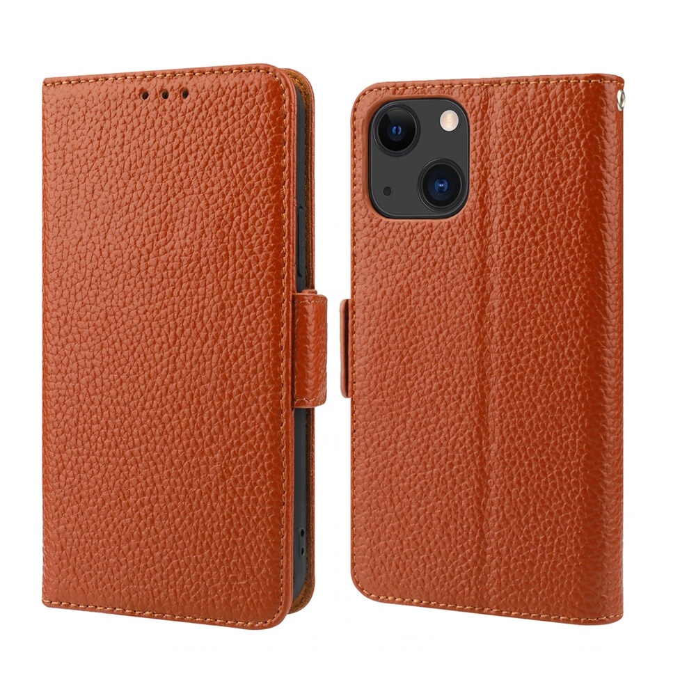 Lichee Pattern Flip Wallet Case aus echtem Leder für iPhone 13 5G mit Standkartensteckplätzen