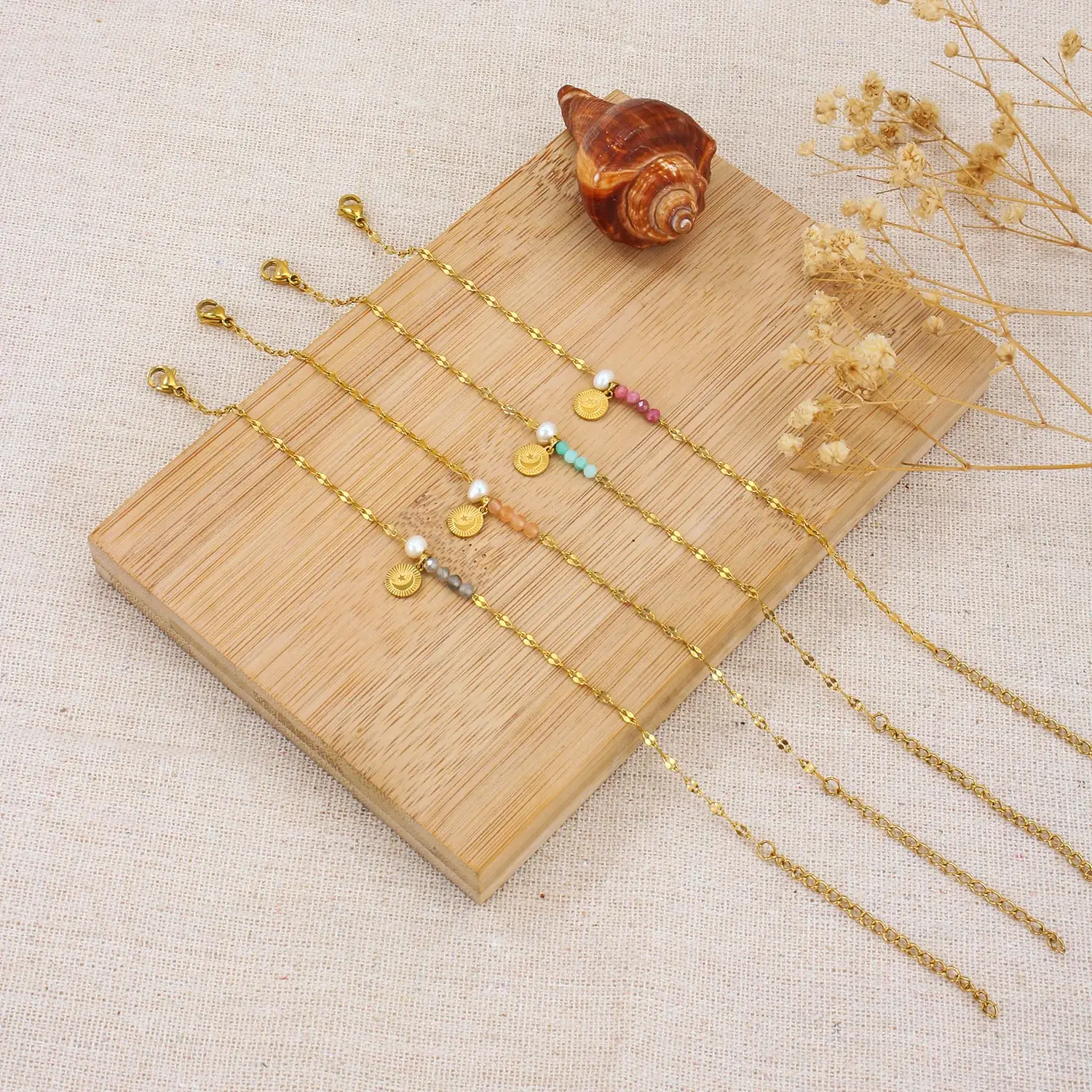 Thin Lip Chain Mixed With Natural Stone and Fresh Water Moon And  Star Charm Stainless Steel Bracelet (4).webp