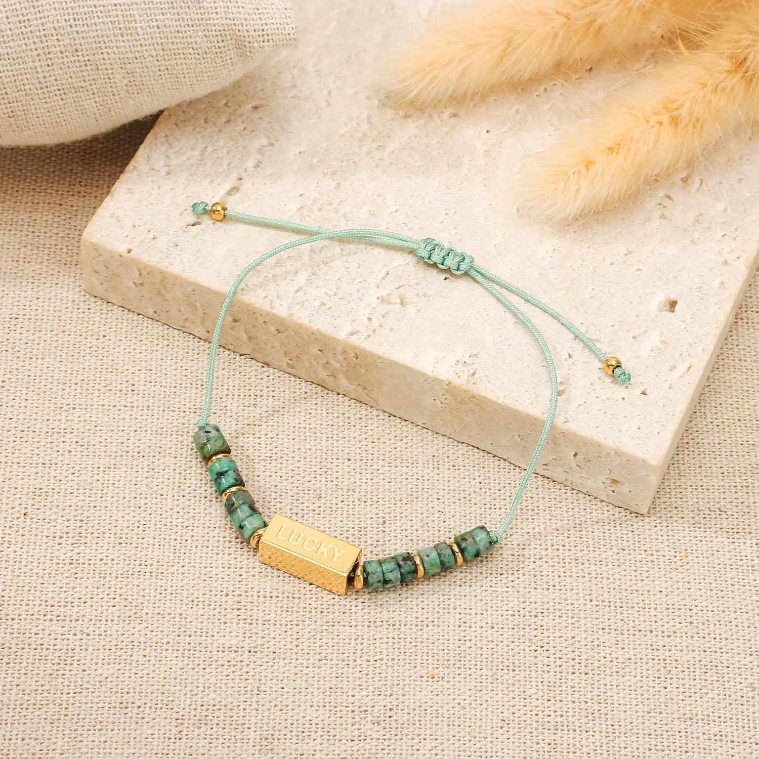 Square Tube With African Pine Stone Beads Adjustable Size Stainless Steel Bracelet (4).webp