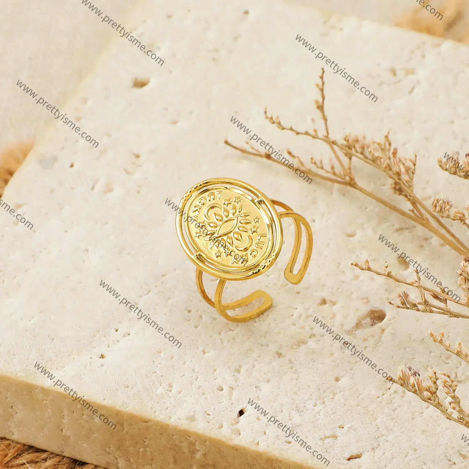 Stainless Steel With 18K Gold Plating Abstract Pattern Totem Open Size Ring (1).webp