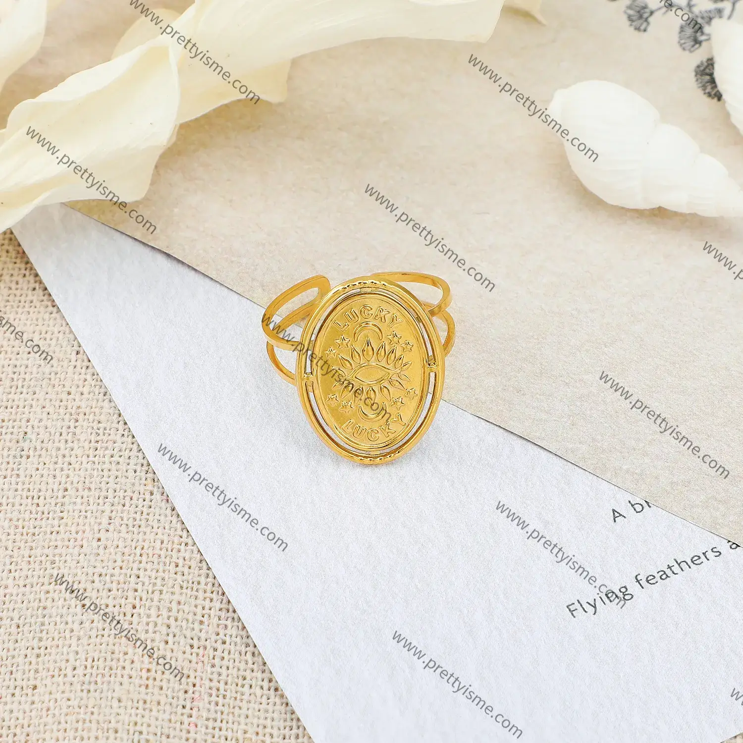 Stainless Steel With 18K Gold Plating Abstract Pattern Totem Open Size Ring (4).webp